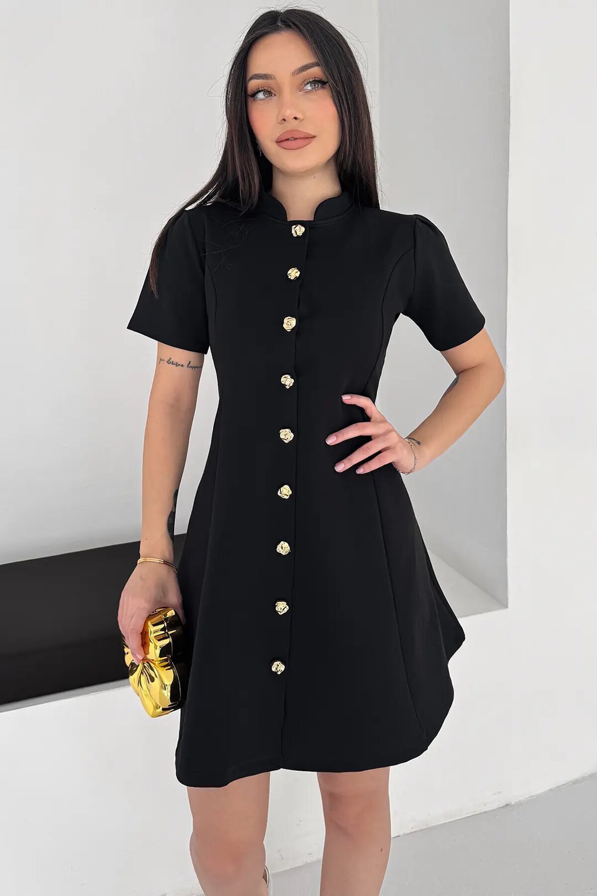 Kadın Düğme Detay Siyah Elbise