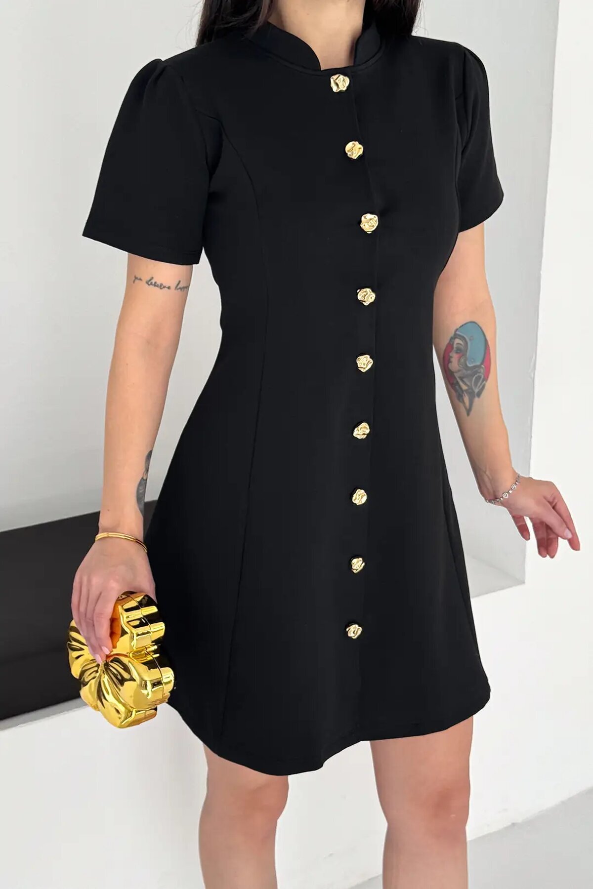 Kadın Düğme Detay Siyah Elbise