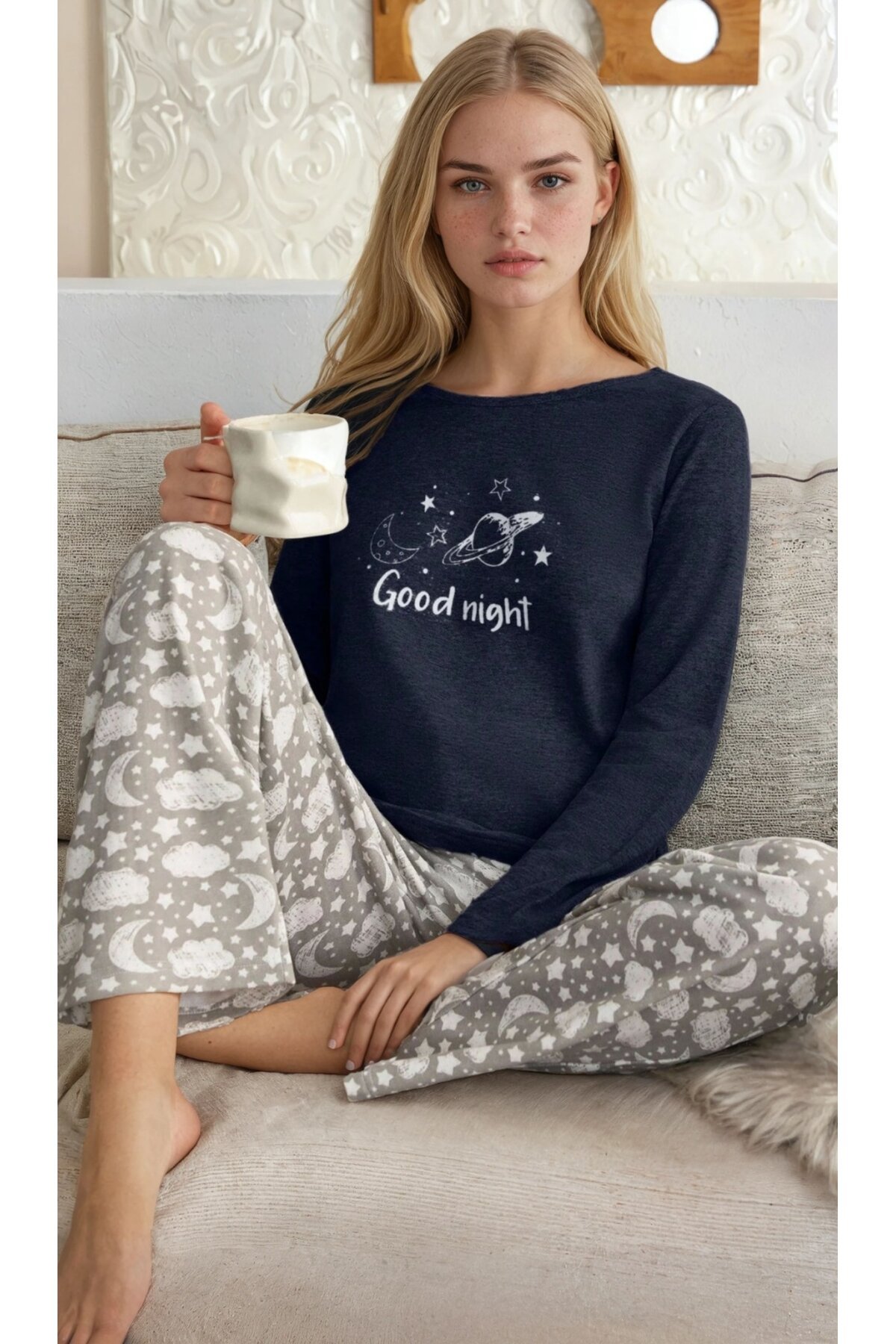 Good Night Baskılı Uzun Kollu Pijama Takımı