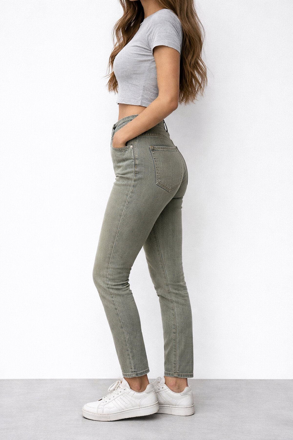 Haki Ton Eskitme Detaylı Skinny Jean