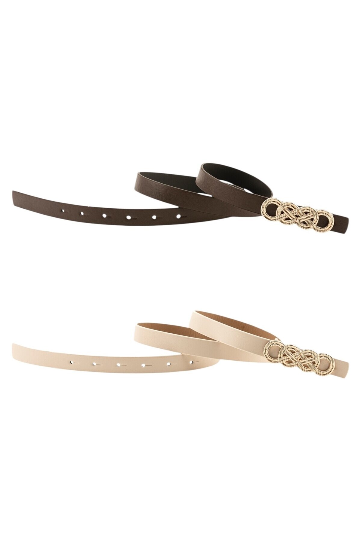 İkili Düğüm Tokalı ikili set Kahverengi_Bej Kadın Kemer