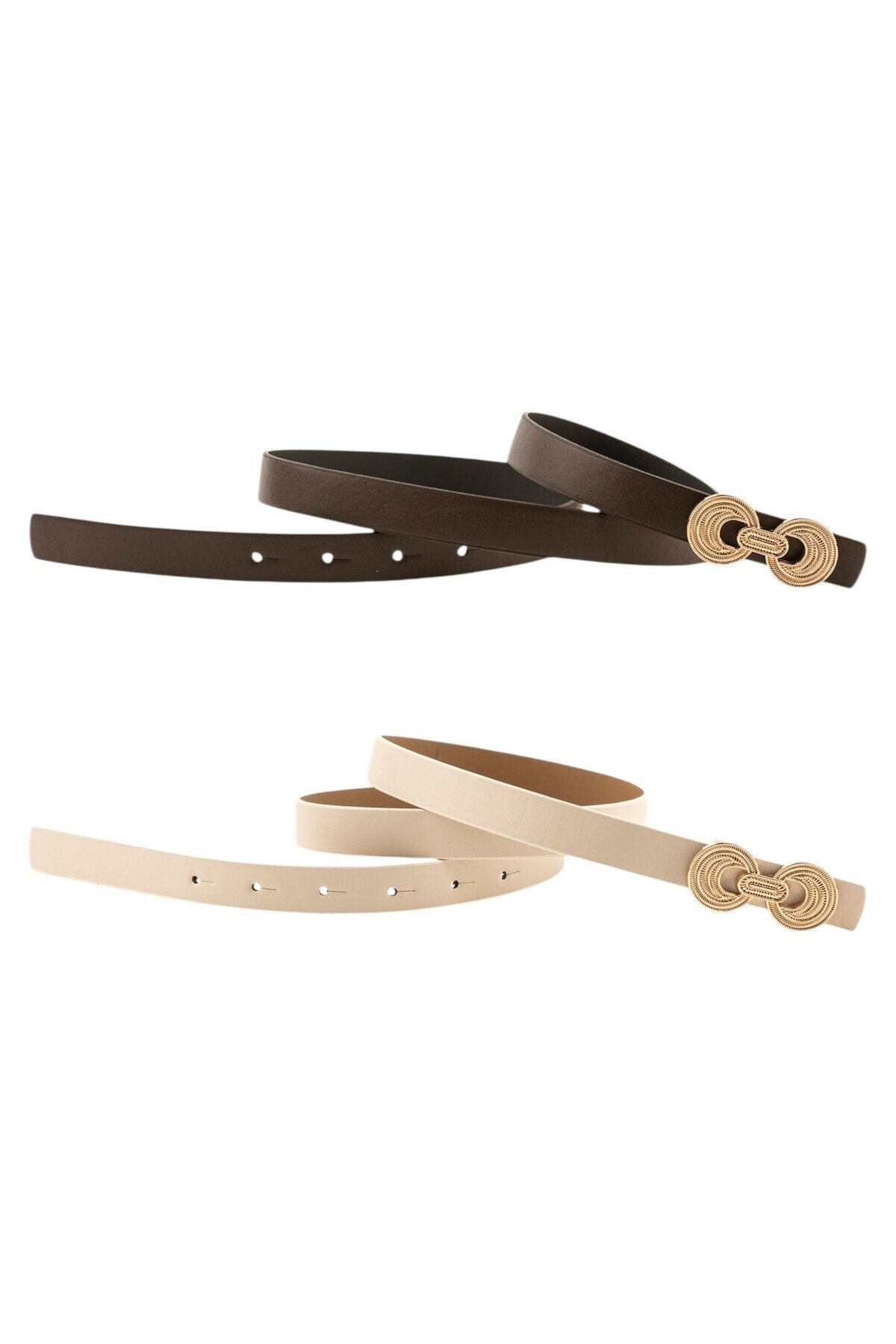 İnce Düğüm Tokalı İkili Kahverengi_Bej Kadın Kemeri