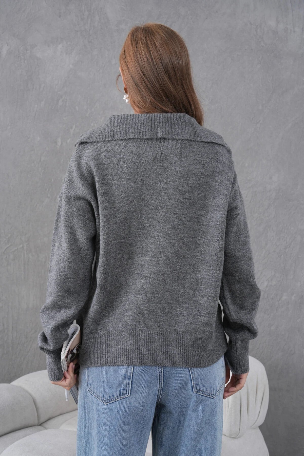 Kadın Antrasit Polo Yaka Oversize Yarım Pat Yumuşak Dokulu Triko Kazak