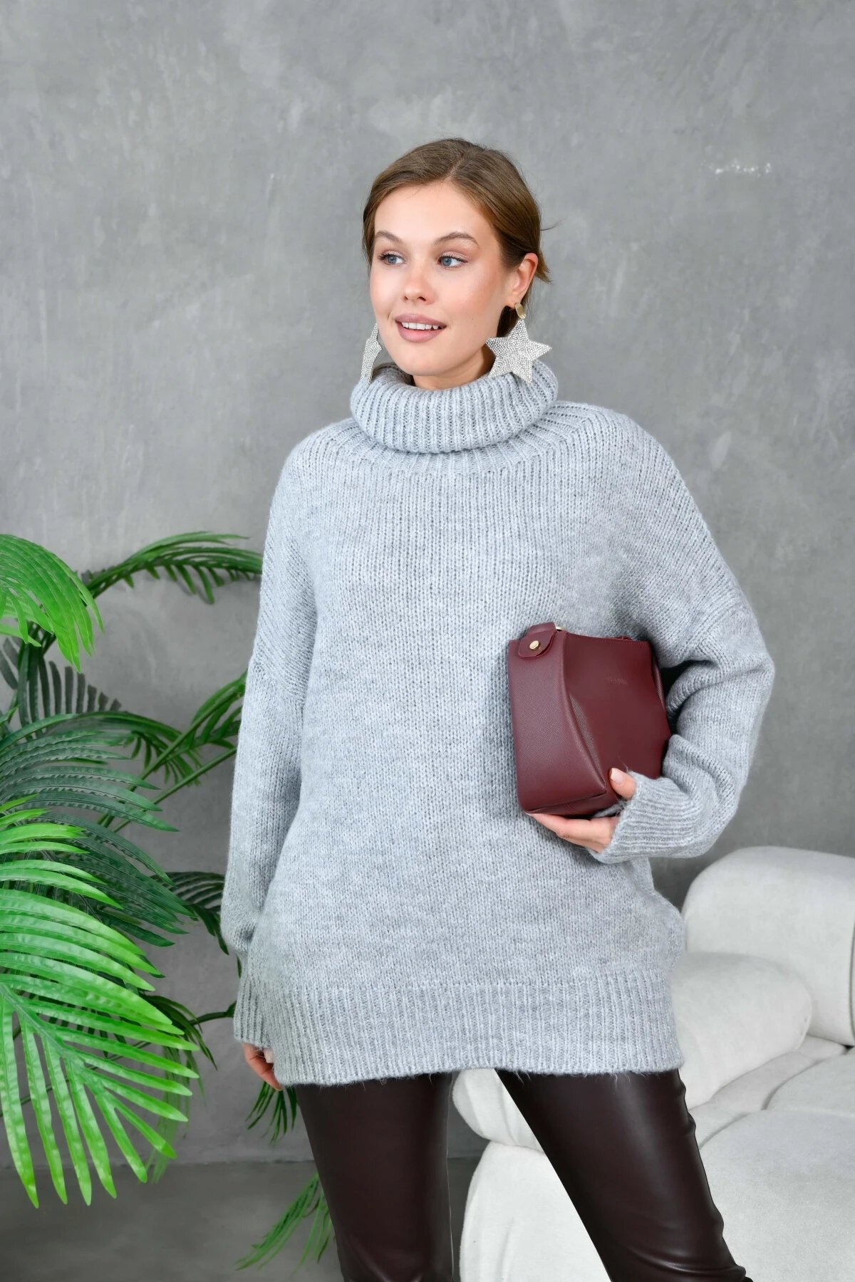 Kadın Balıkçı Yaka Kaşkorse Oversize Triko Tunik