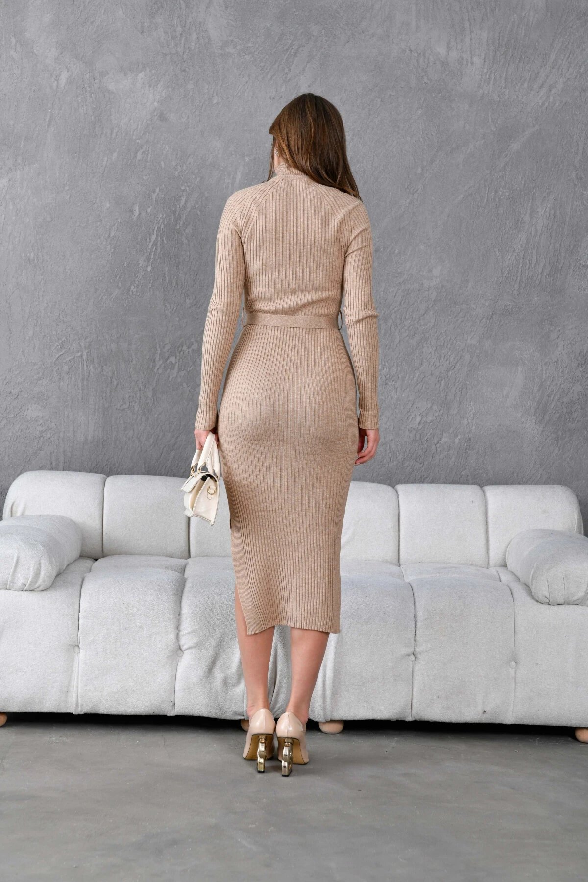 Kadın Balıkçı Yaka Kaşkorse Slim Fit Yırtmaçlı Triko Elbise