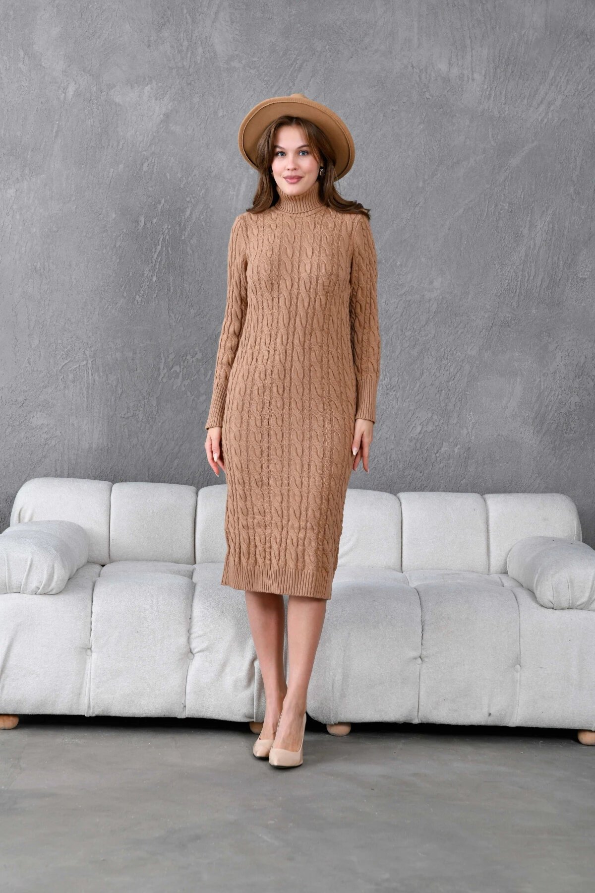 Kadın Balıkçı Yaka Örgü Detay Kışlık Triko Elbise