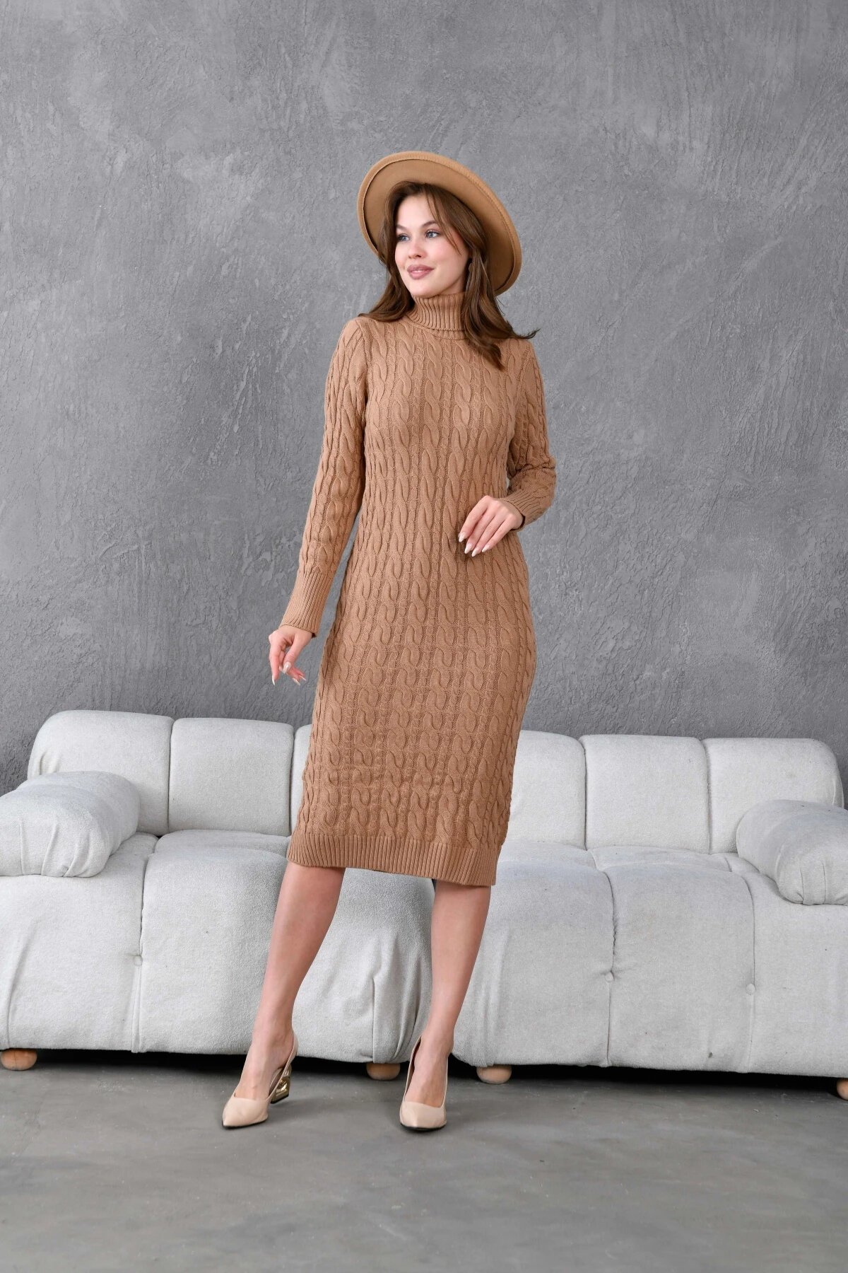 Kadın Balıkçı Yaka Örgü Detay Kışlık Triko Elbise