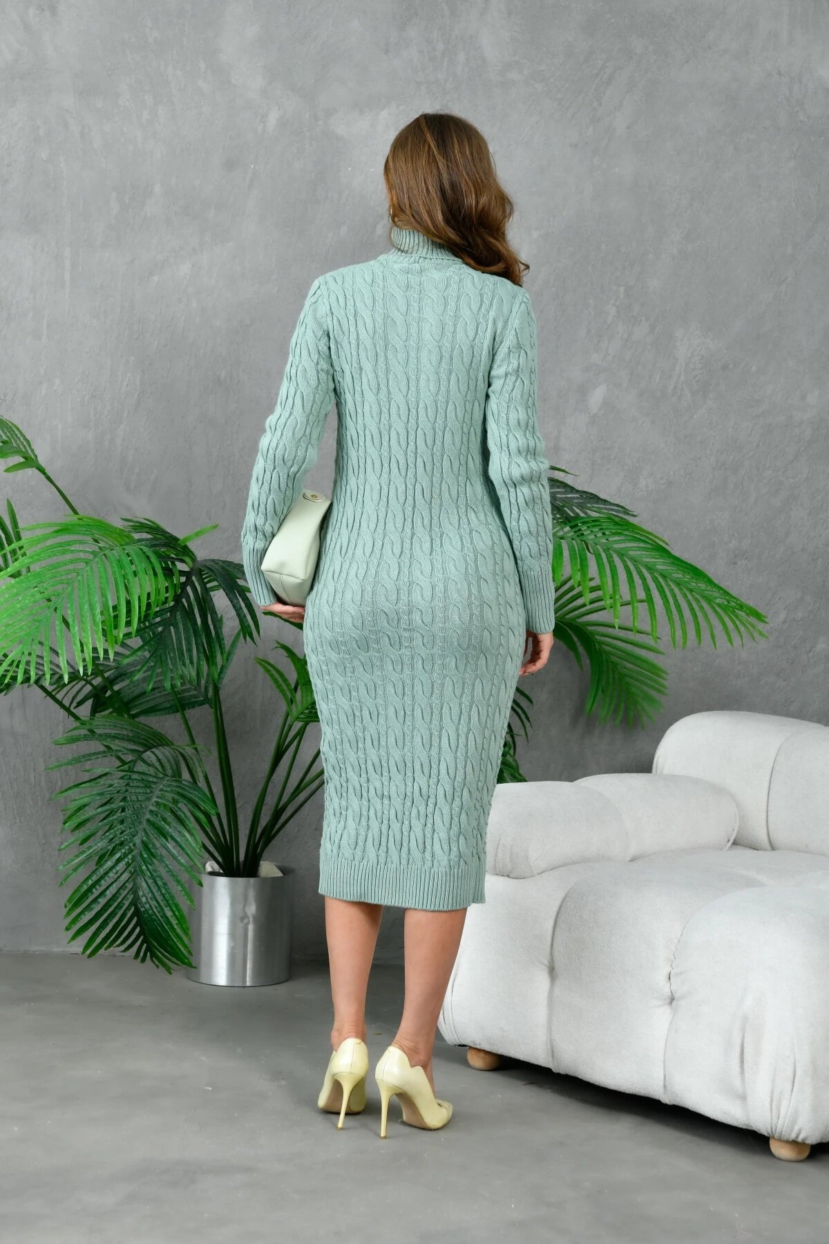 Kadın Balıkçı Yaka Örgü Detay Kışlık Triko Elbise