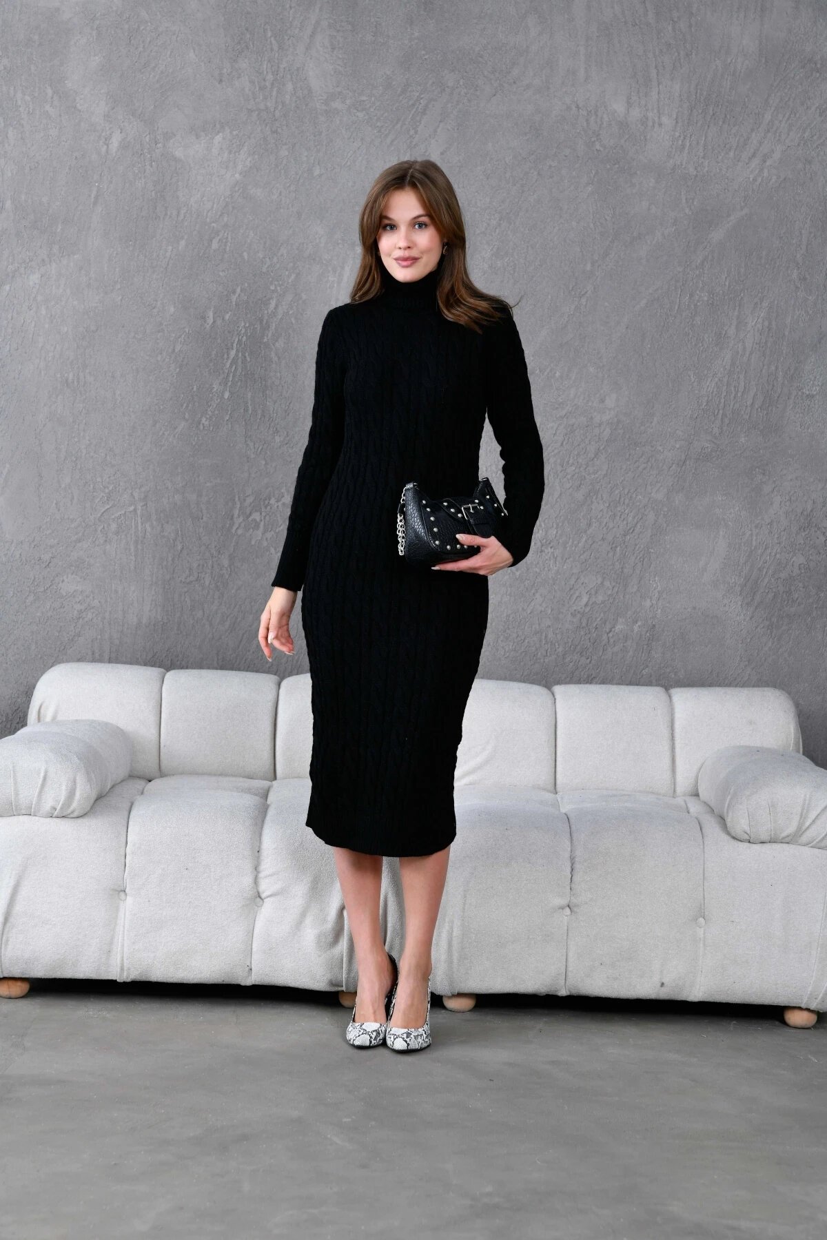 Kadın Balıkçı Yaka Örgü Detay Kışlık Triko Elbise