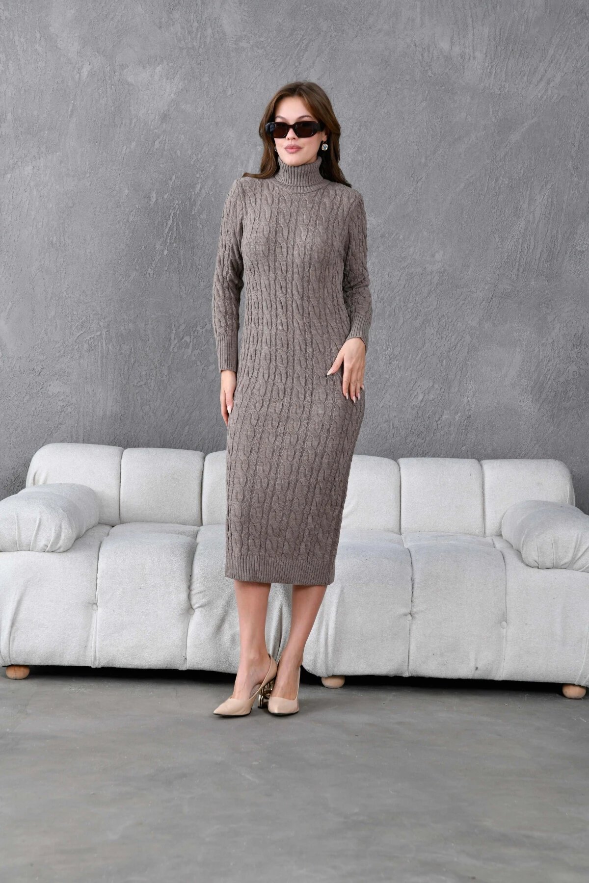 Kadın Balıkçı Yaka Örgü Detay Kışlık Triko Elbise