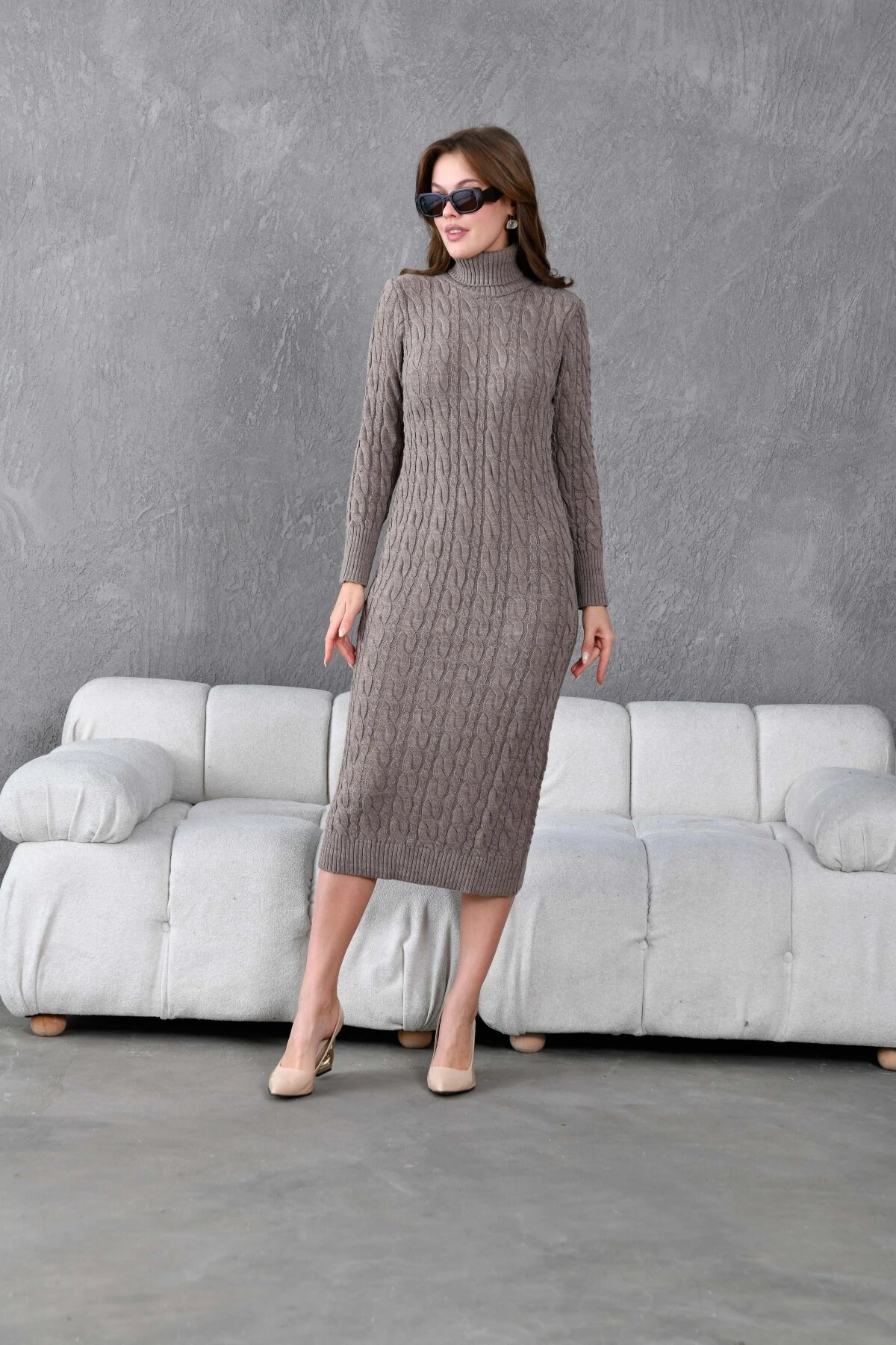Kadın Balıkçı Yaka Örgü Detay Kışlık Triko Elbise