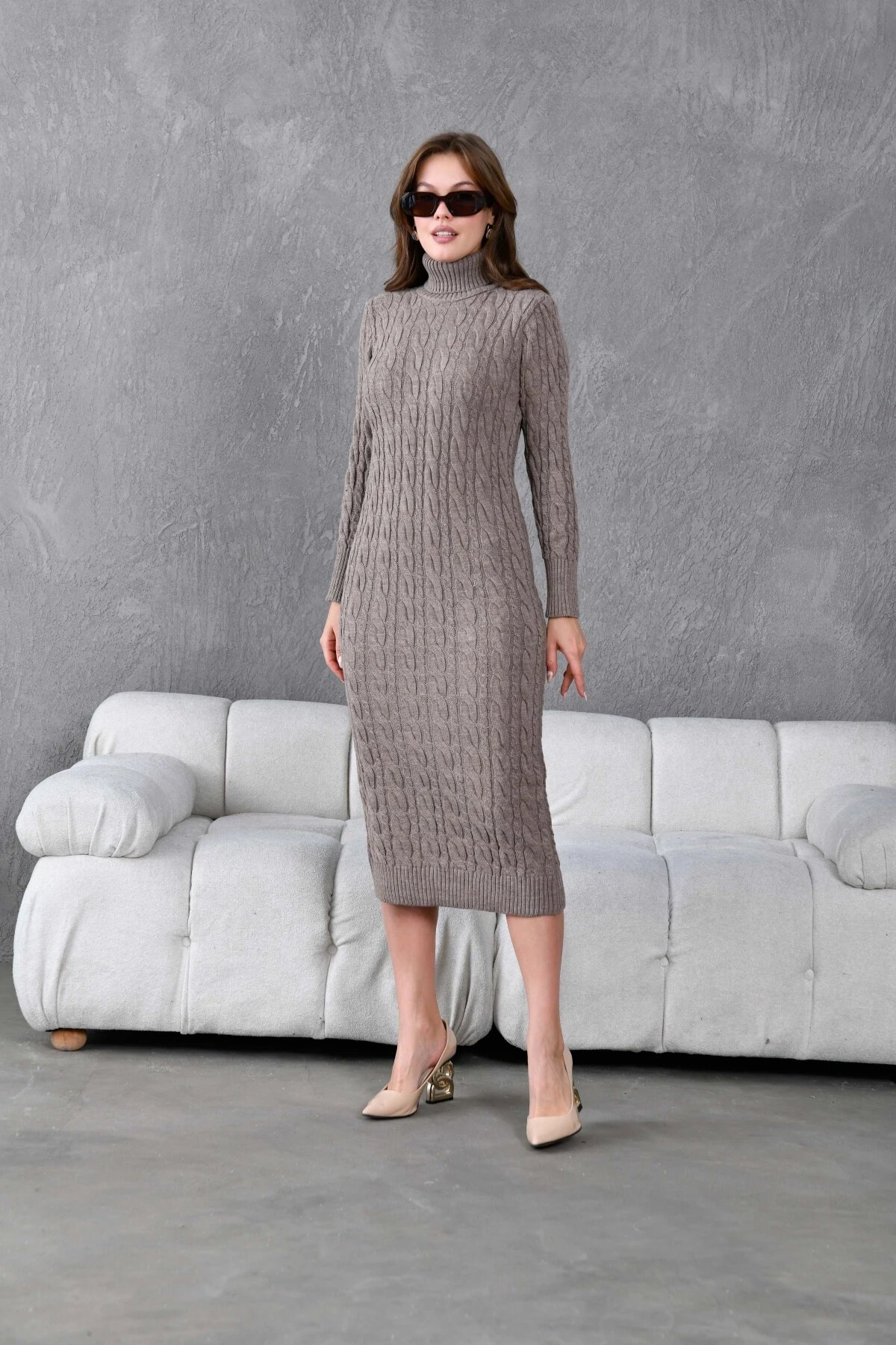 Kadın Balıkçı Yaka Örgü Detay Kışlık Triko Elbise