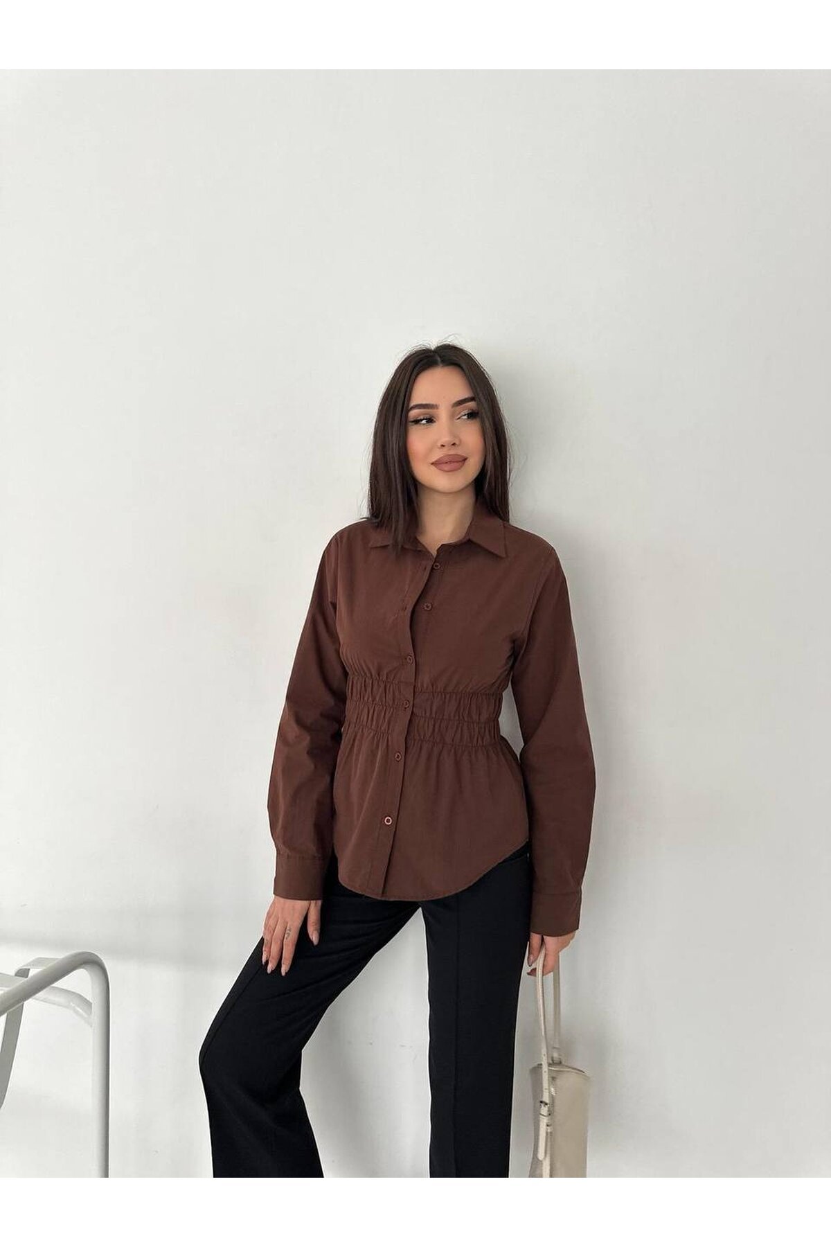 Kadın Bel Büzgülü Uzun Kollu Kahve Gömlek