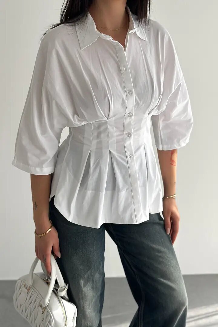 Kadın Bel Formlu Gömlek – Düğmeli Yarım Kol Şık Gömlek Beyaz