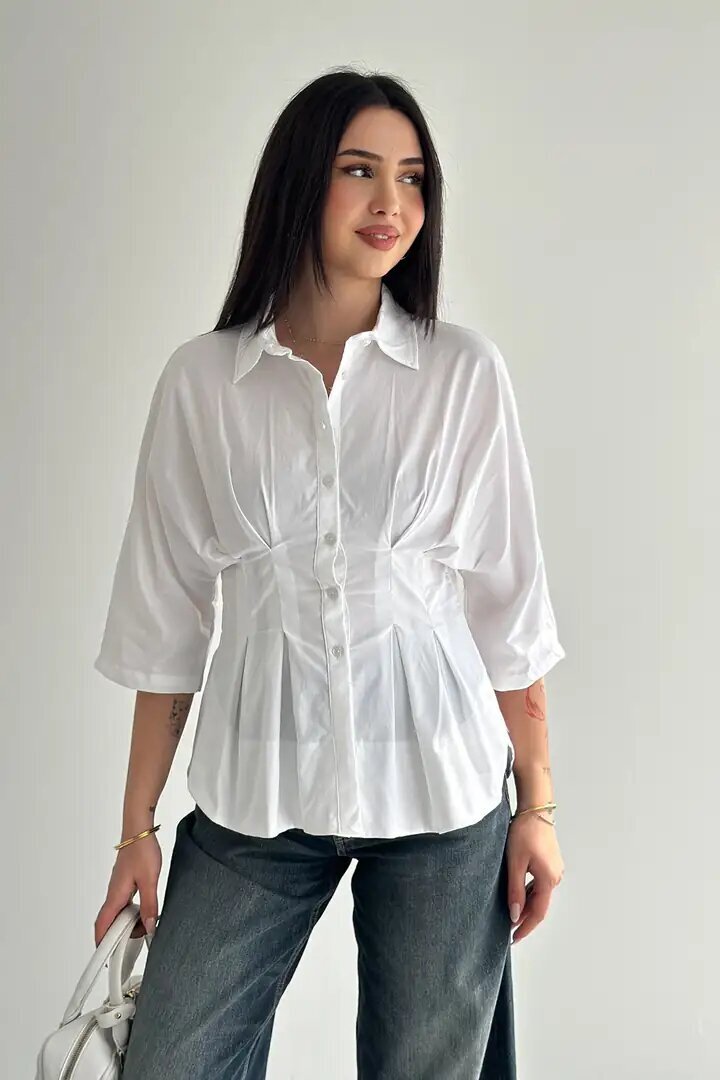 Kadın Bel Formlu Gömlek – Düğmeli Yarım Kol Şık Gömlek Beyaz