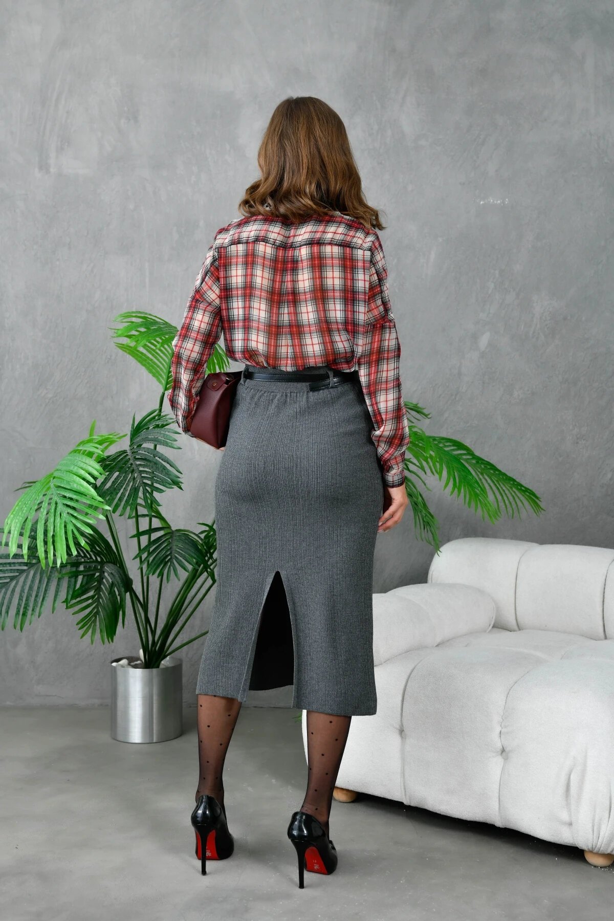 Kadın Bel Lastikli Yırtamaç Detay Uzun Triko Etek