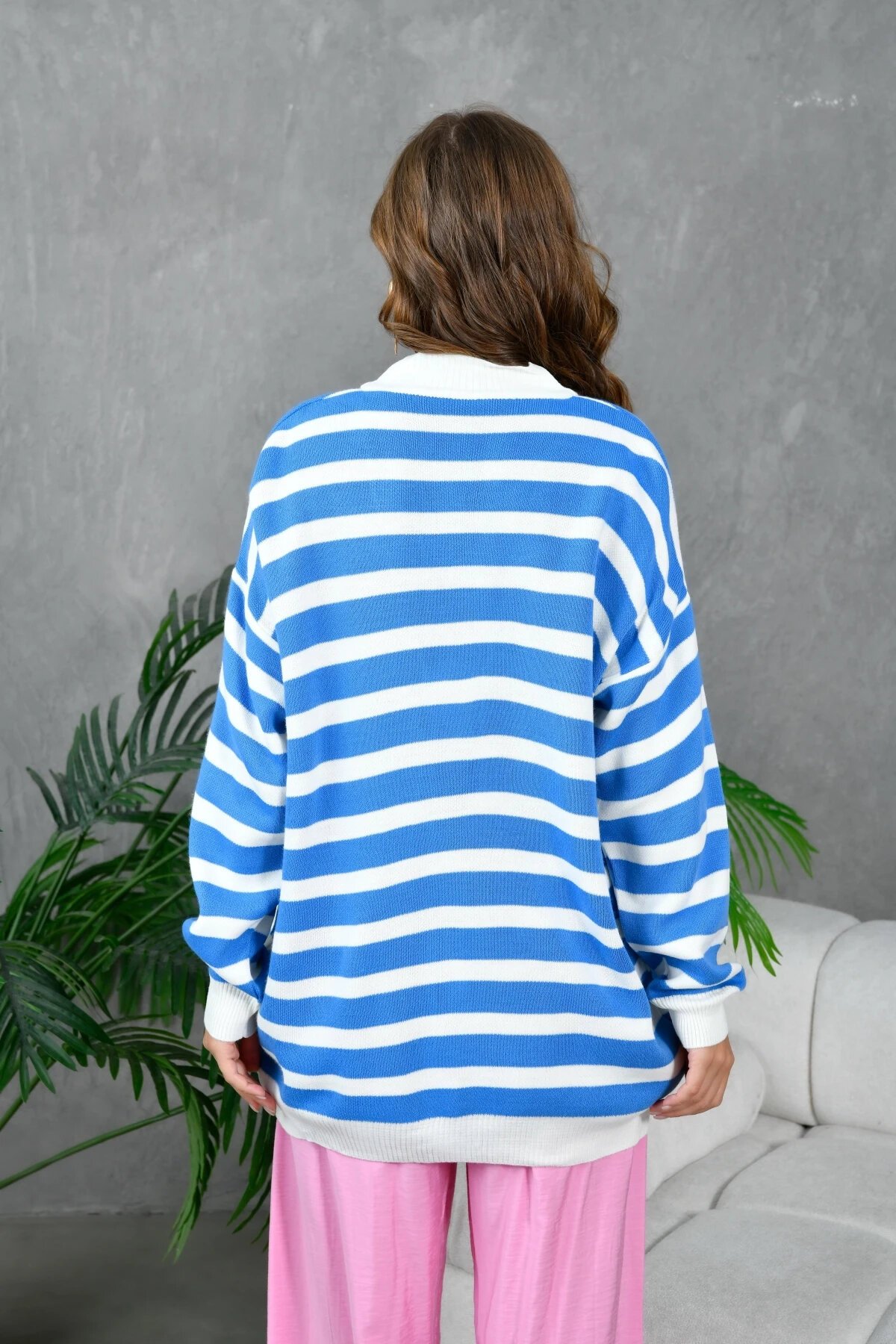 Kadın Bilek Etek Ve Banları Fitilli Çizgi desenli Triko Hırka