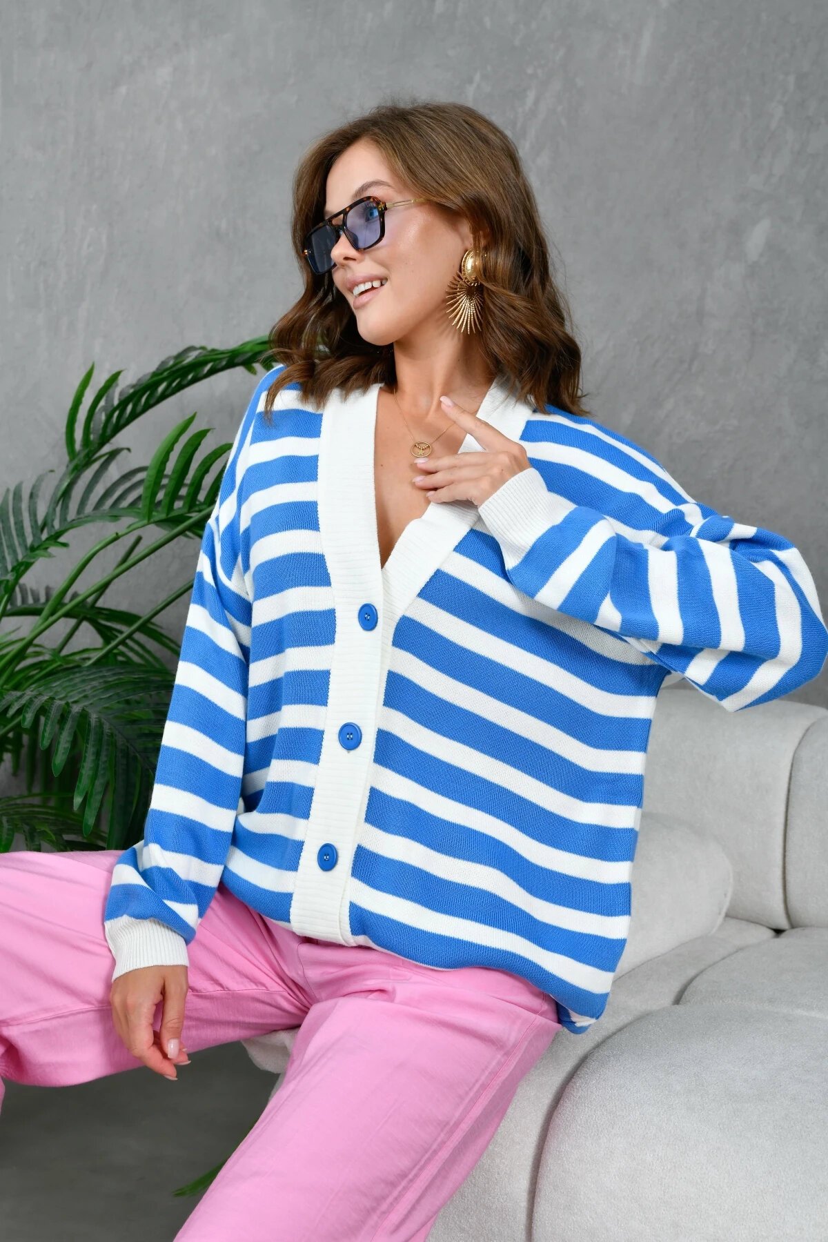 Kadın Bilek Etek Ve Banları Fitilli Çizgi desenli Triko Hırka