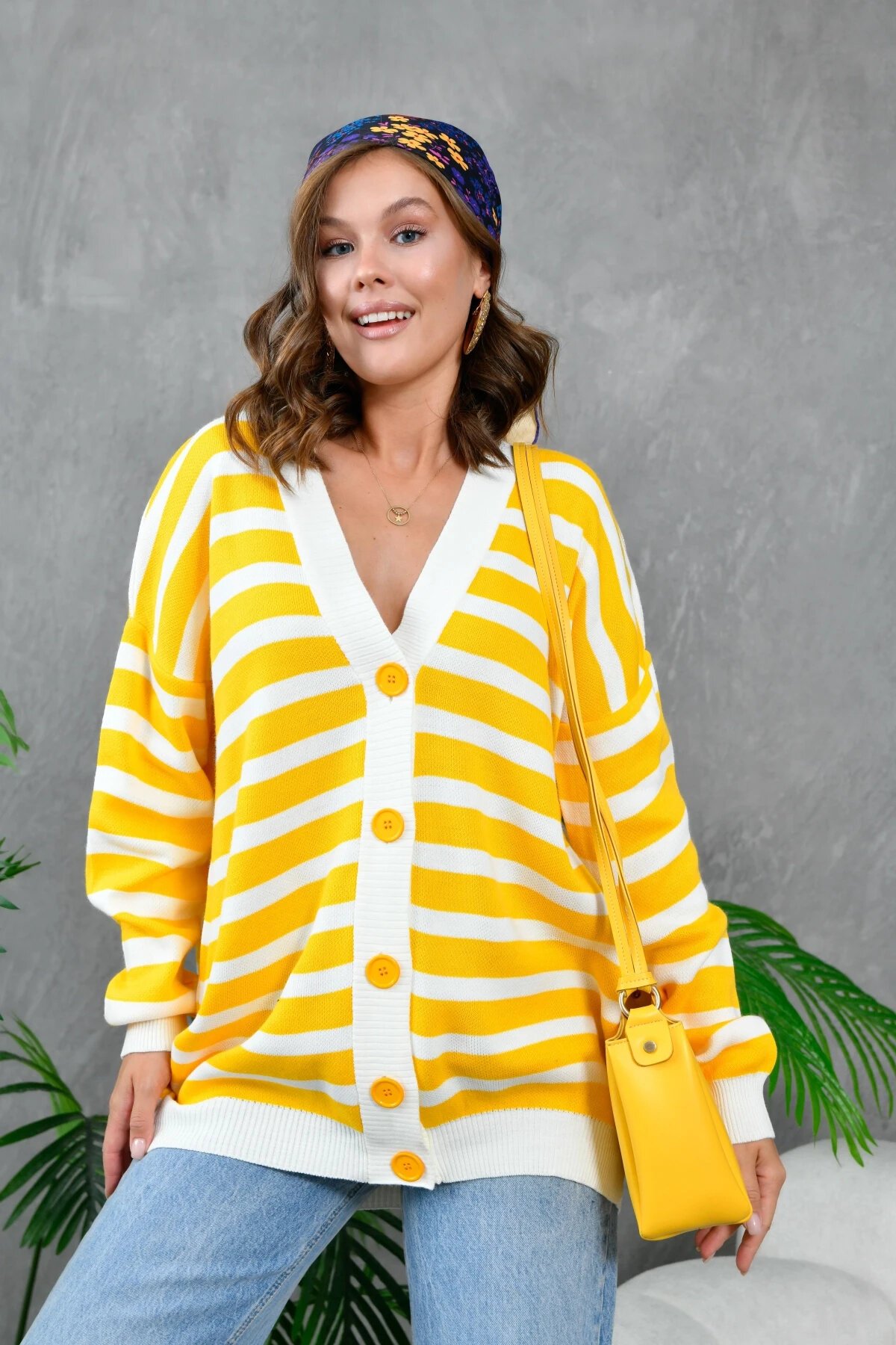 Kadın Bilek Etek Ve Banları Fitilli Çizgi desenli Triko Hırka