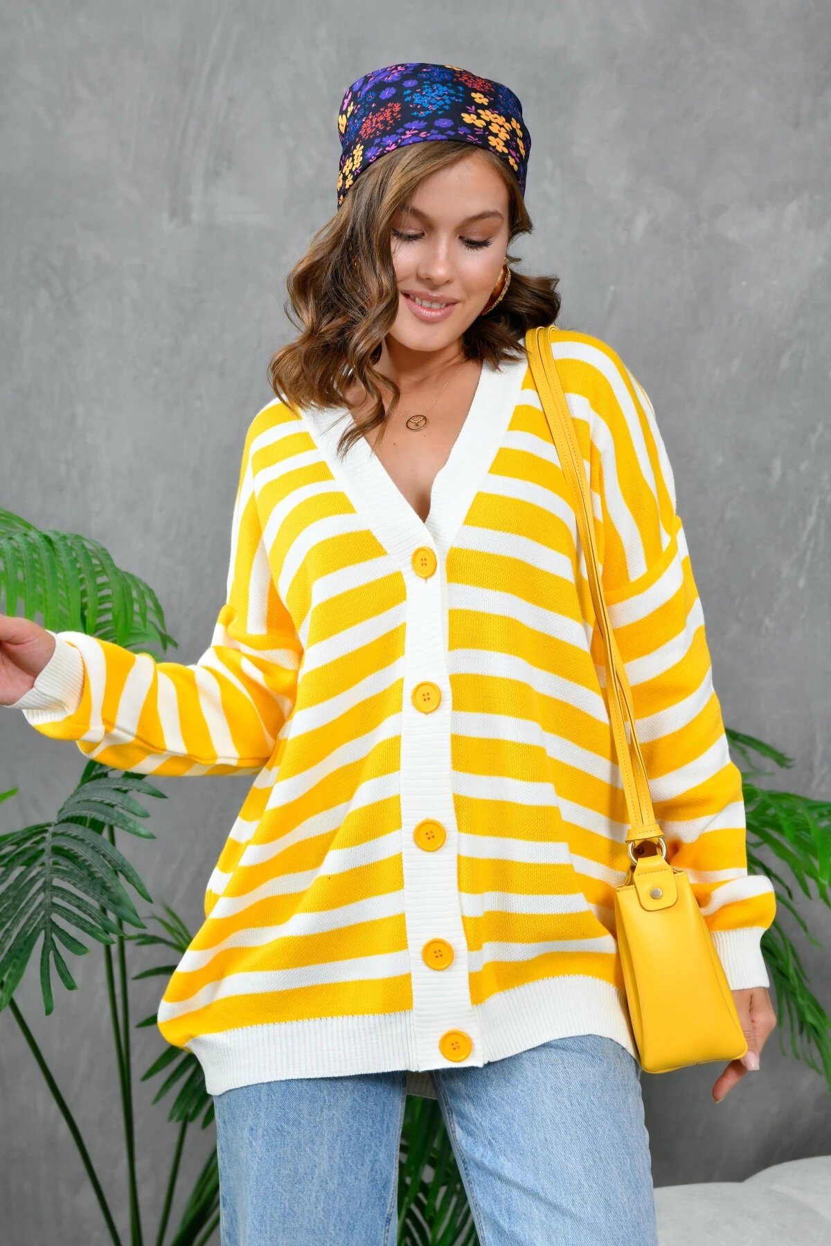 Kadın Bilek Etek Ve Banları Fitilli Çizgi desenli Triko Hırka