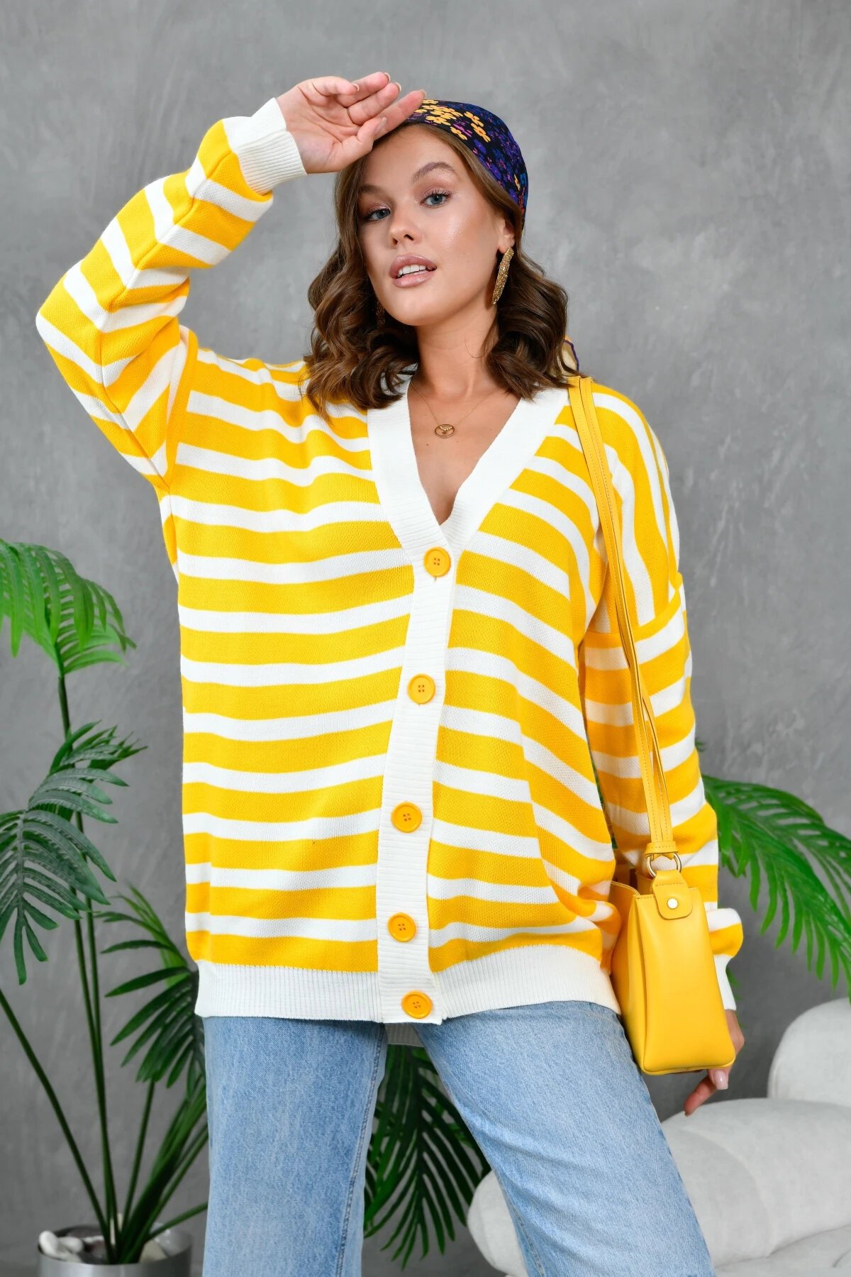 Kadın Bilek Etek Ve Banları Fitilli Çizgi desenli Triko Hırka