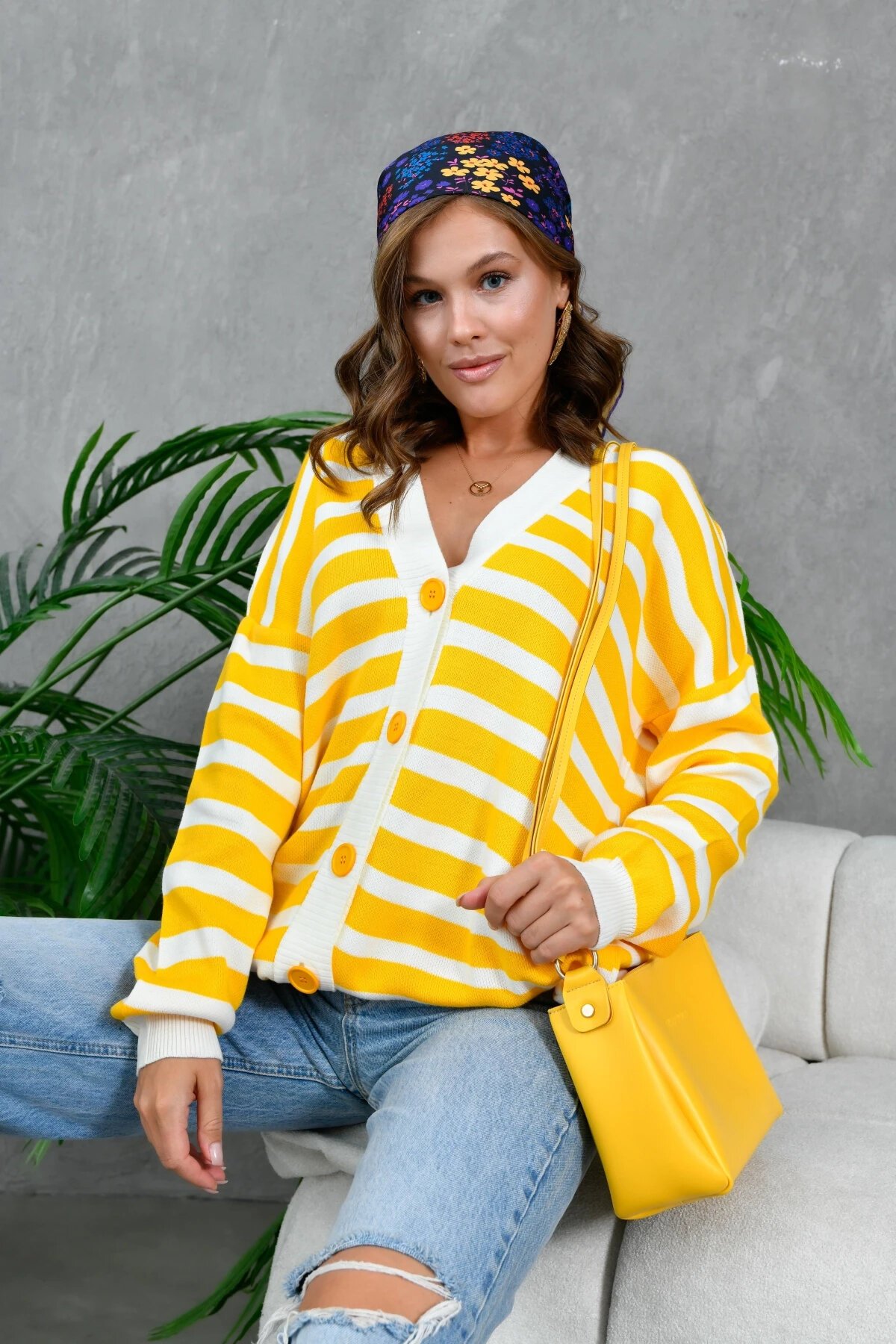 Kadın Bilek Etek Ve Banları Fitilli Çizgi desenli Triko Hırka