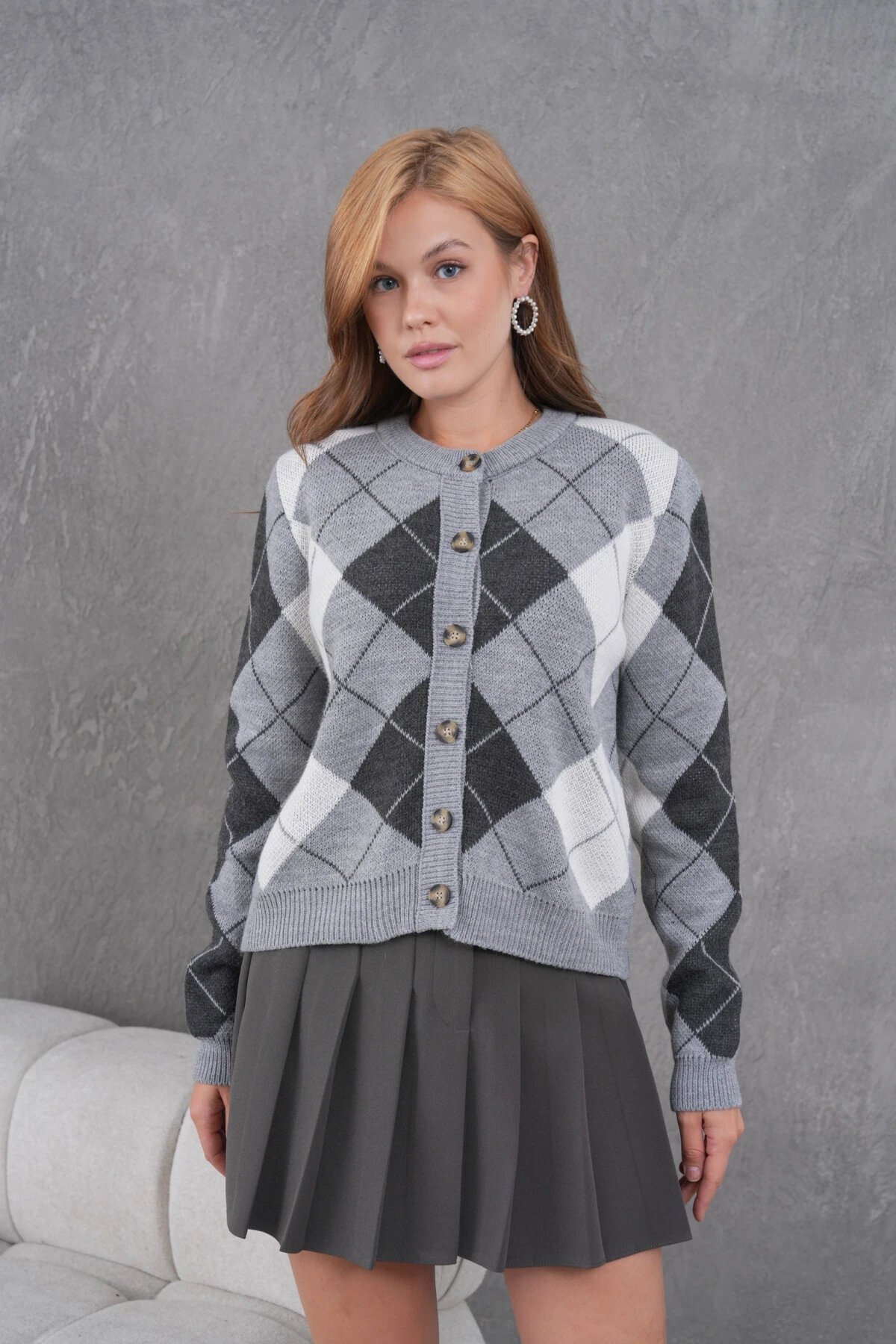 Kadın Bisiklet Yaka Baklava Desenli Düğme Kapama Triko Hırka Ceket