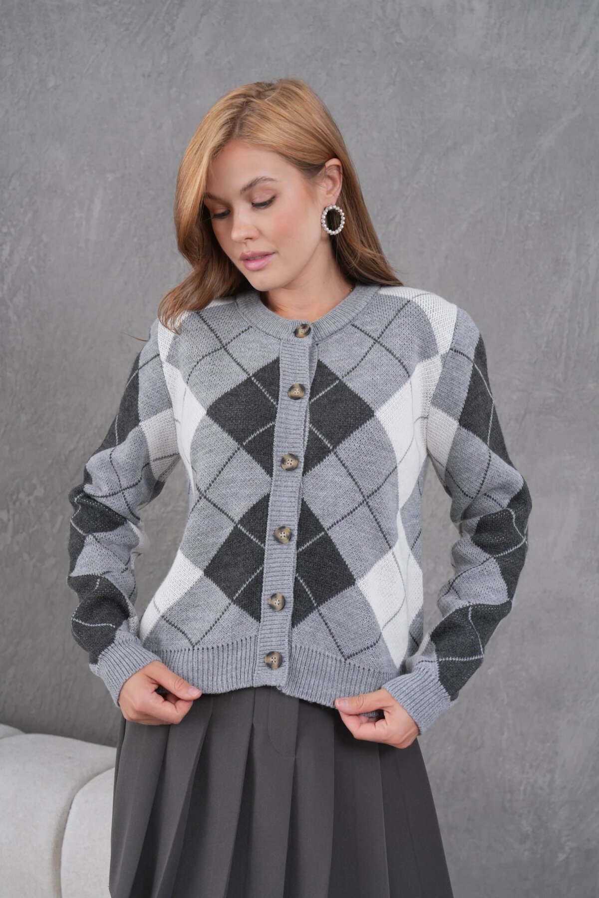 Kadın Bisiklet Yaka Baklava Desenli Düğme Kapama Triko Hırka Ceket