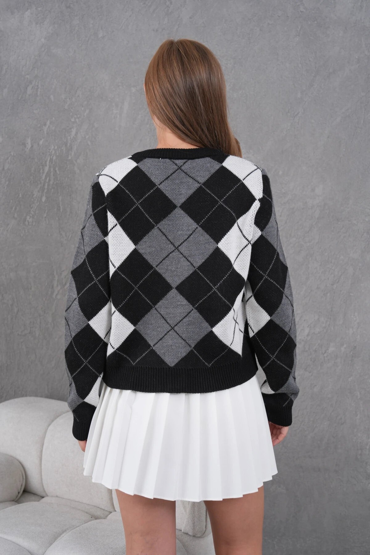 Kadın Bisiklet Yaka Baklava Desenli Düğme Kapama Triko Hırka Ceket