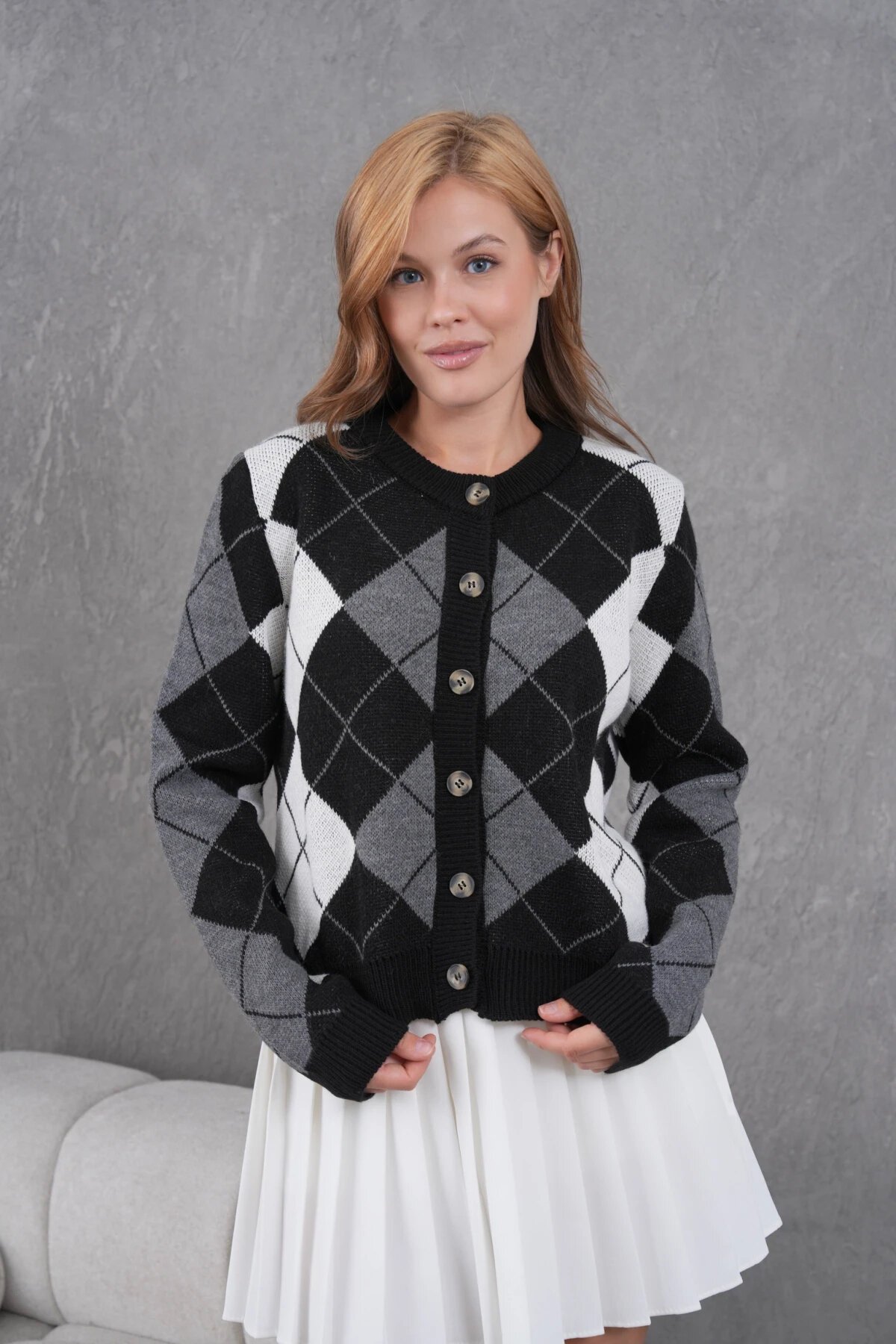 Kadın Bisiklet Yaka Baklava Desenli Düğme Kapama Triko Hırka Ceket