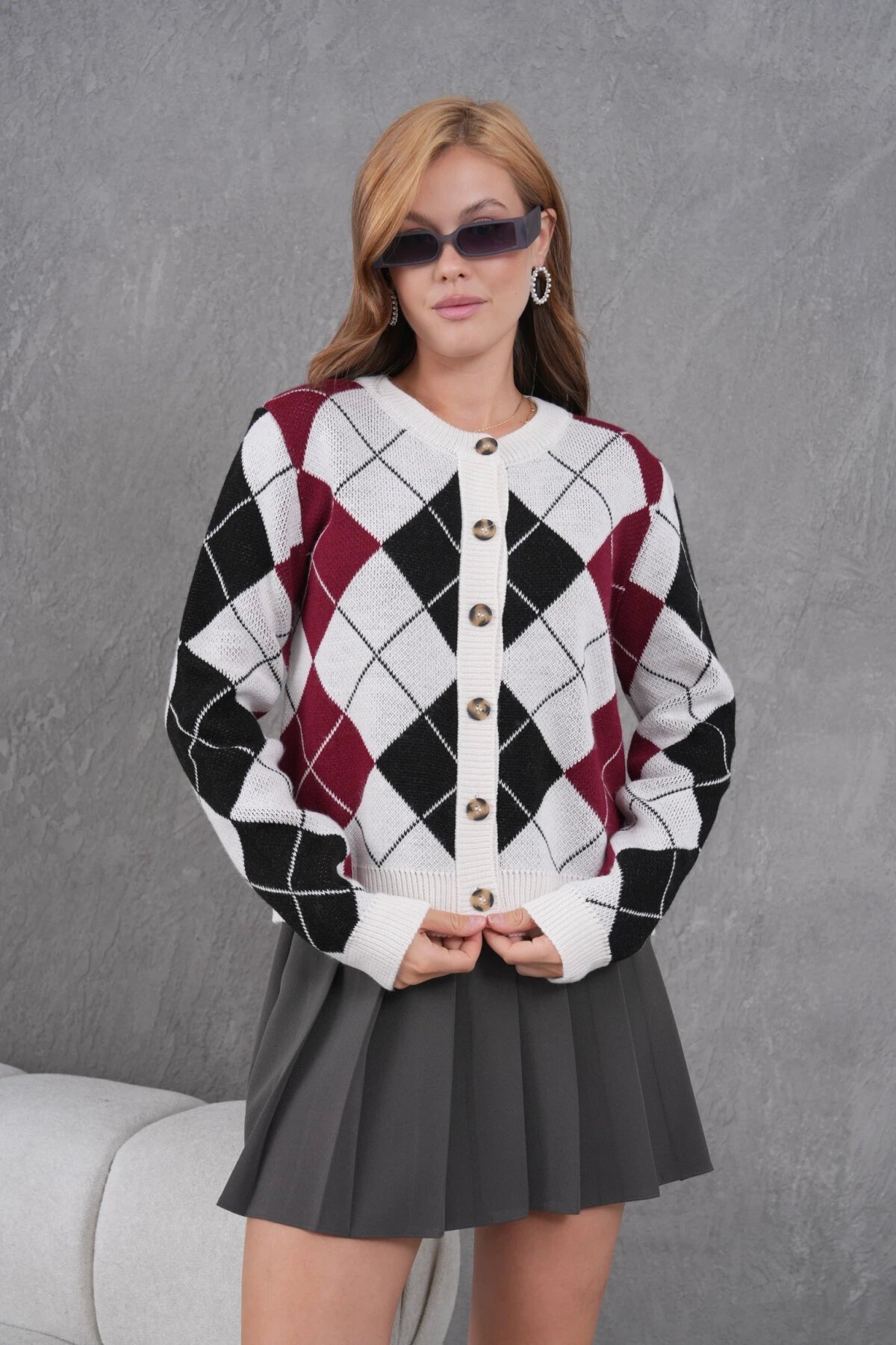 Kadın Bisiklet Yaka Baklava Desenli Düğme Kapama Triko Hırka Ceket