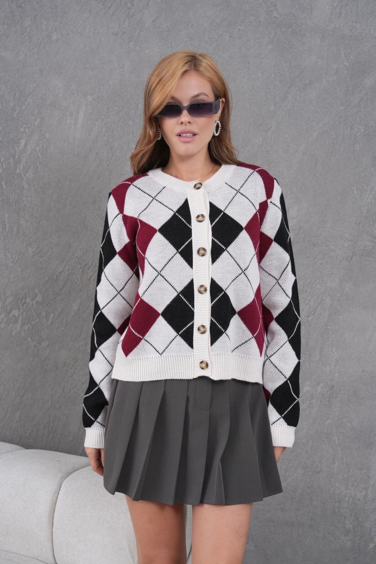 Kadın Bisiklet Yaka Baklava Desenli Düğme Kapama Triko Hırka Ceket