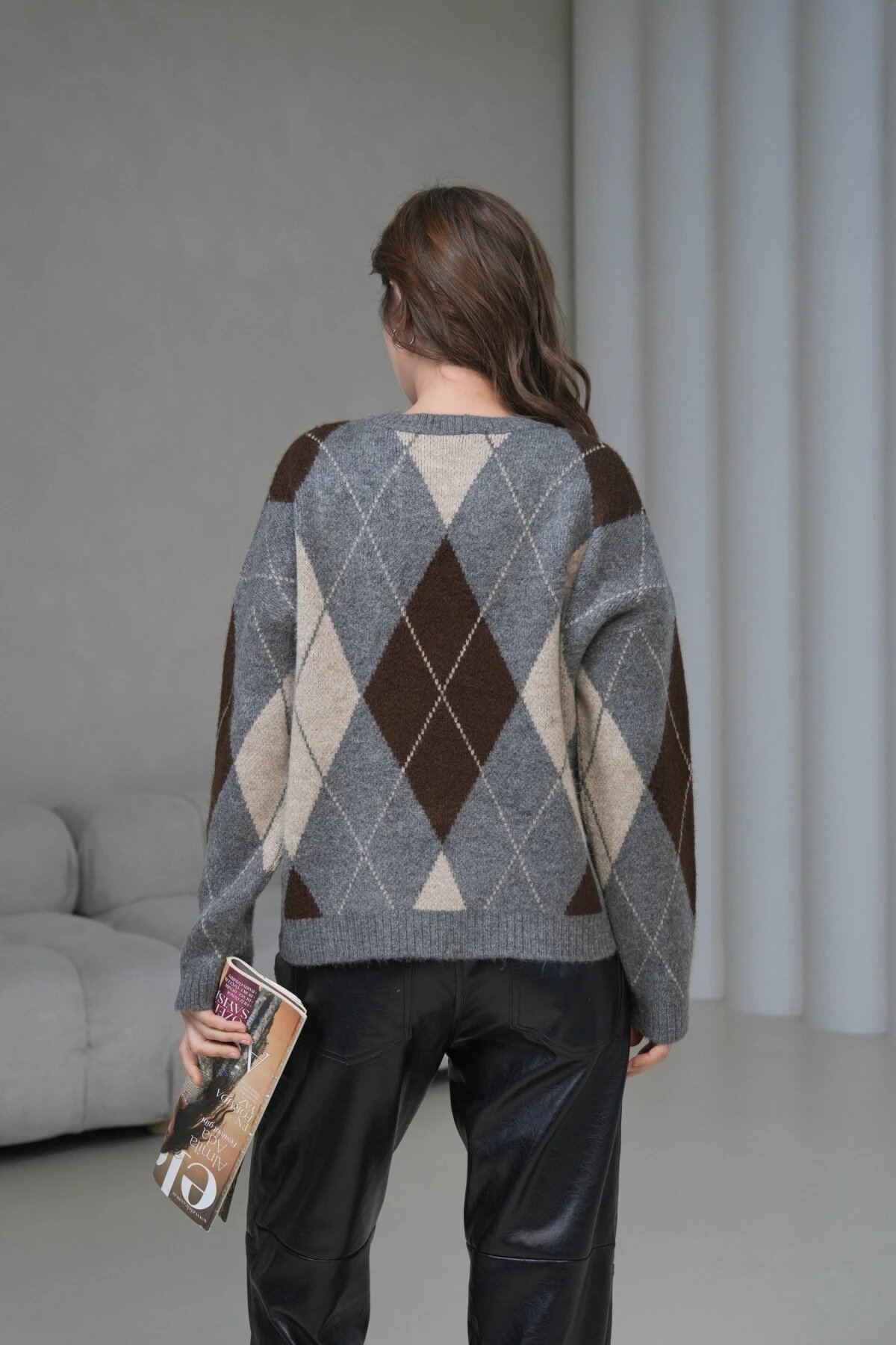 Kadın Bisiklet Yaka Baklava Desenli Triko Kazak