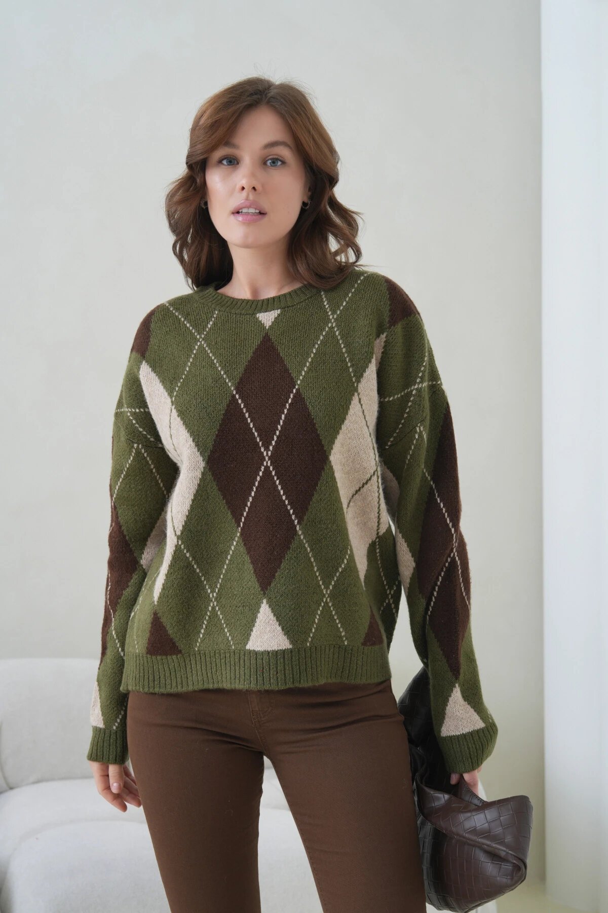 Kadın Bisiklet Yaka Baklava Desenli Triko Kazak