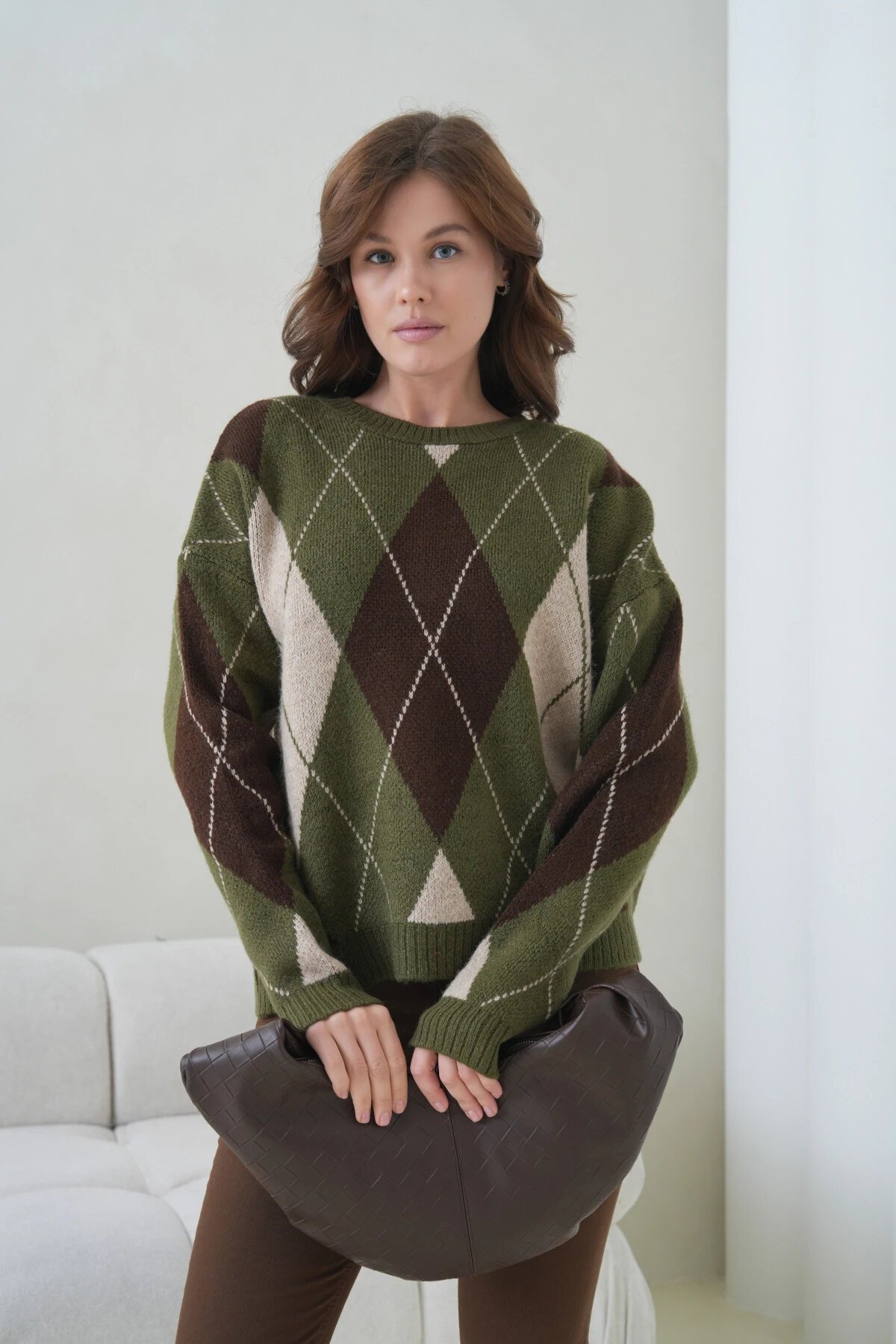 Kadın Bisiklet Yaka Baklava Desenli Triko Kazak