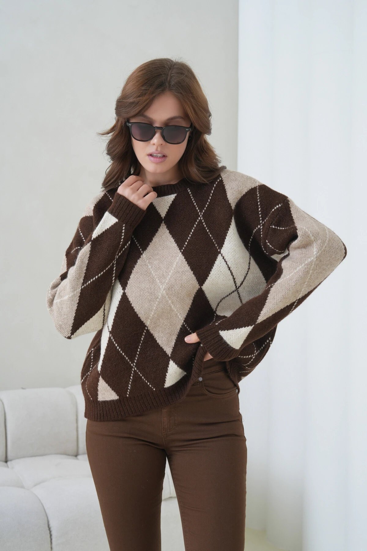 Kadın Bisiklet Yaka Baklava Desenli Triko Kazak