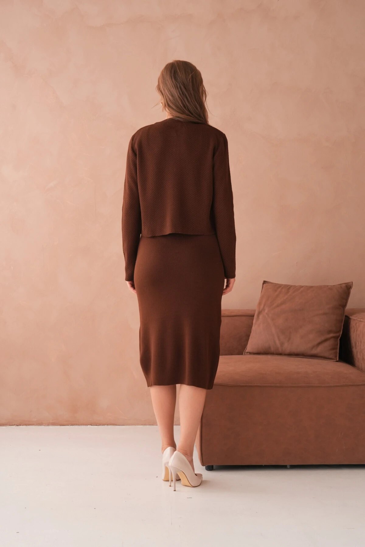 Kadın Bisiklet Yaka Düğme Detay Dokulu Ceket Elbise İkili Triko Takım