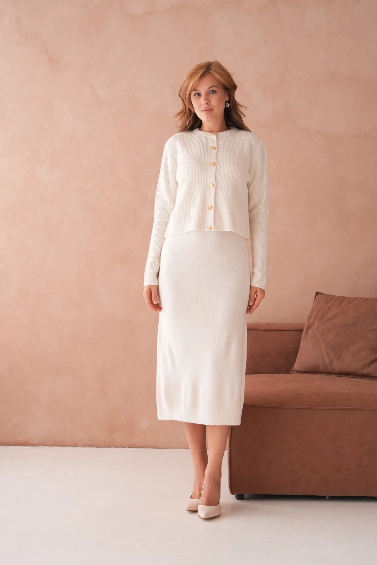 Kadın Bisiklet Yaka Düğme Detay Dokulu Ceket Elbise İkili Triko Takım