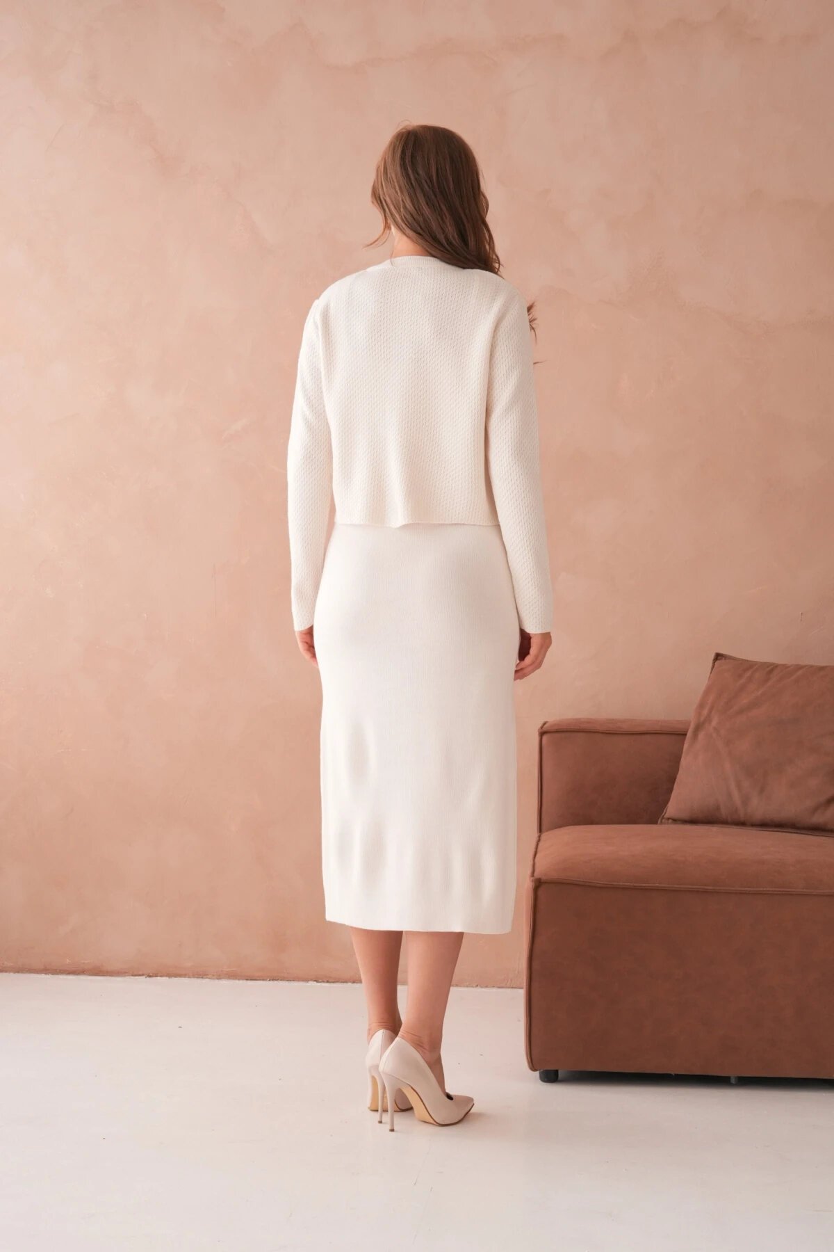 Kadın Bisiklet Yaka Düğme Detay Dokulu Ceket Elbise İkili Triko Takım