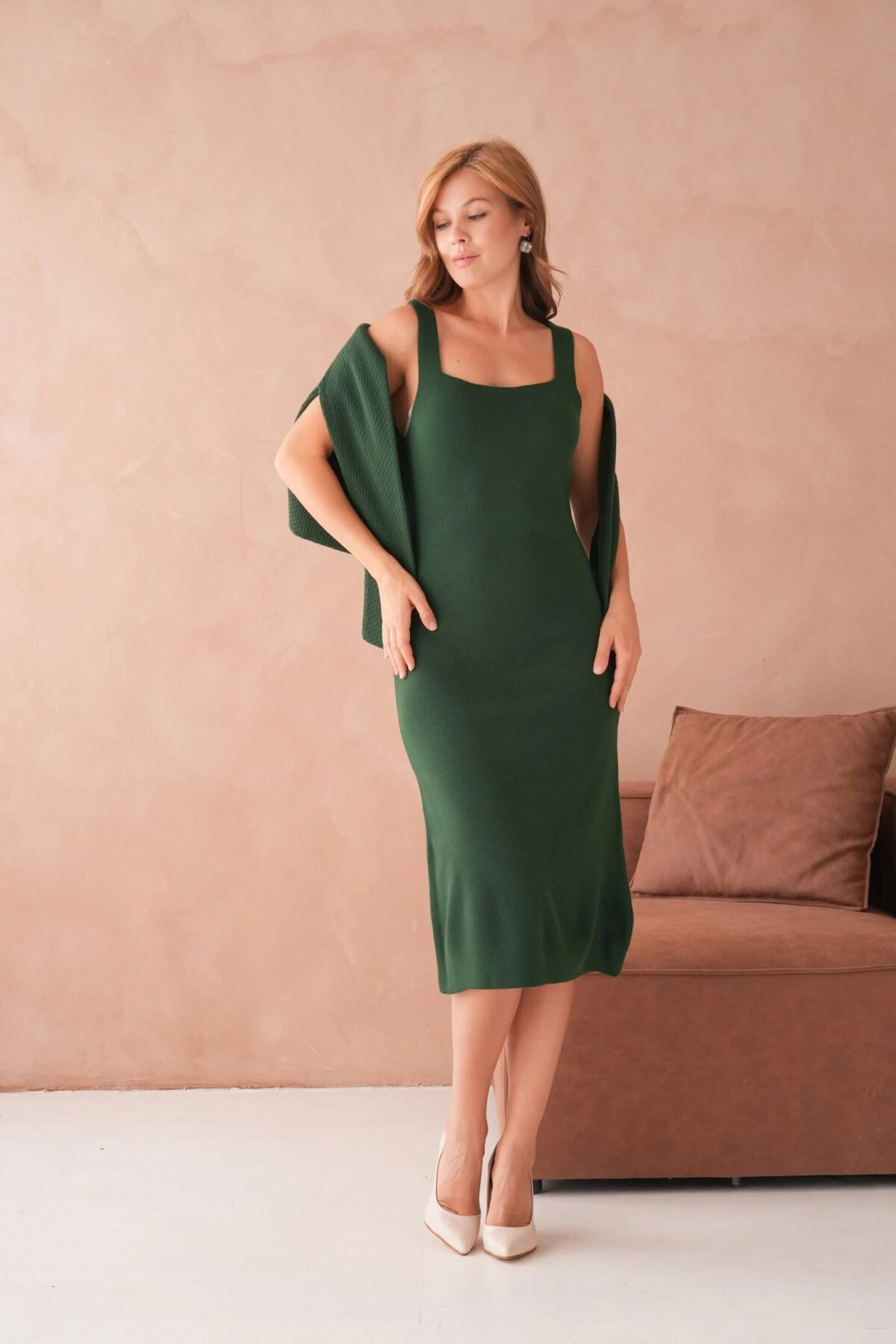 Kadın Bisiklet Yaka Düğme Detay Dokulu Ceket Elbise İkili Triko Takım