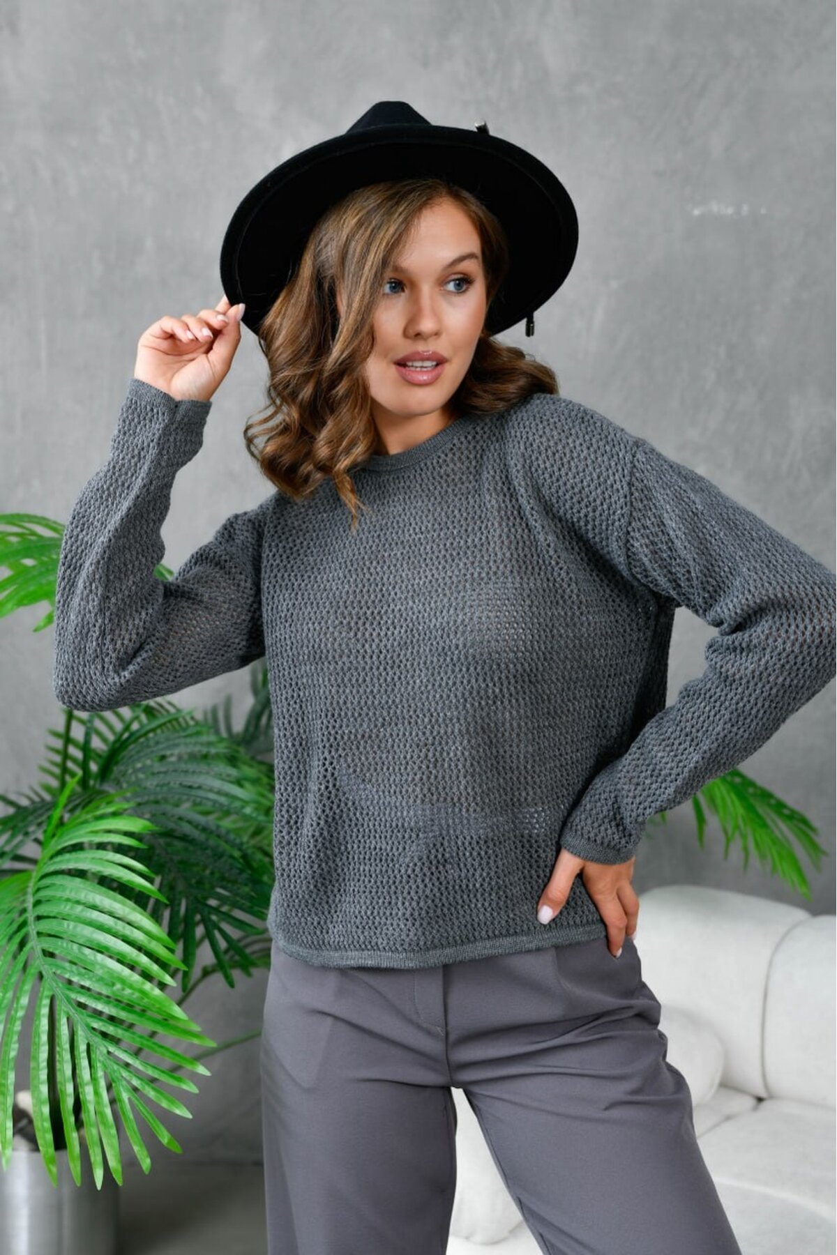 Kadın Bisiklet Yaka File Dokulu Triko Bluz