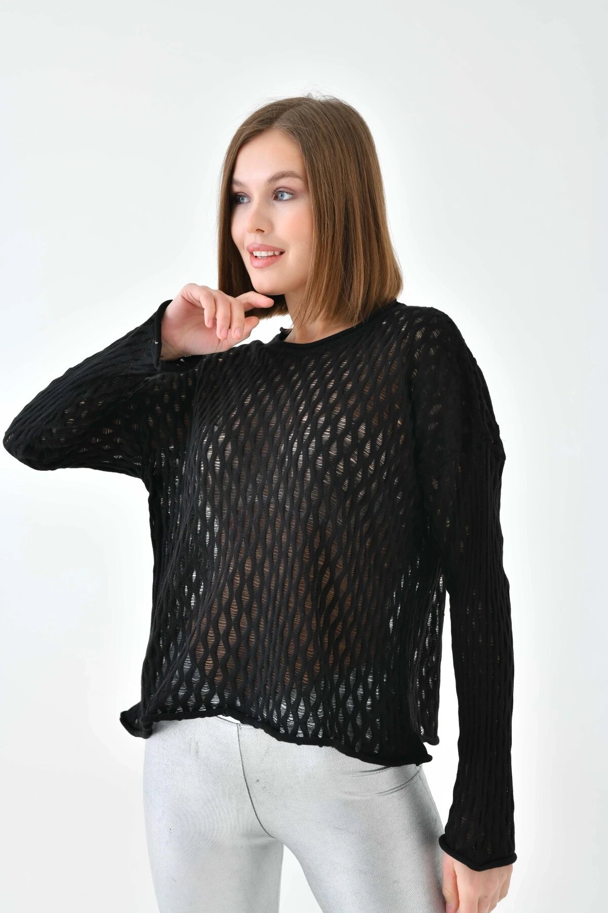 Kadın Bisiklet Yaka Örgü Detay Triko Kazak