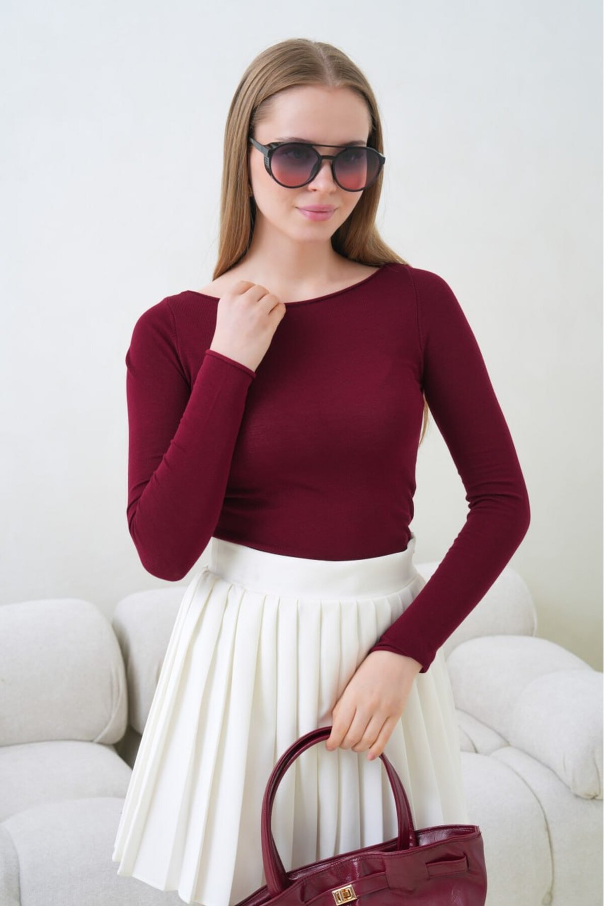 Kadın Bisiklet Yaka Uzun Kollu Basic Bluz Bordo