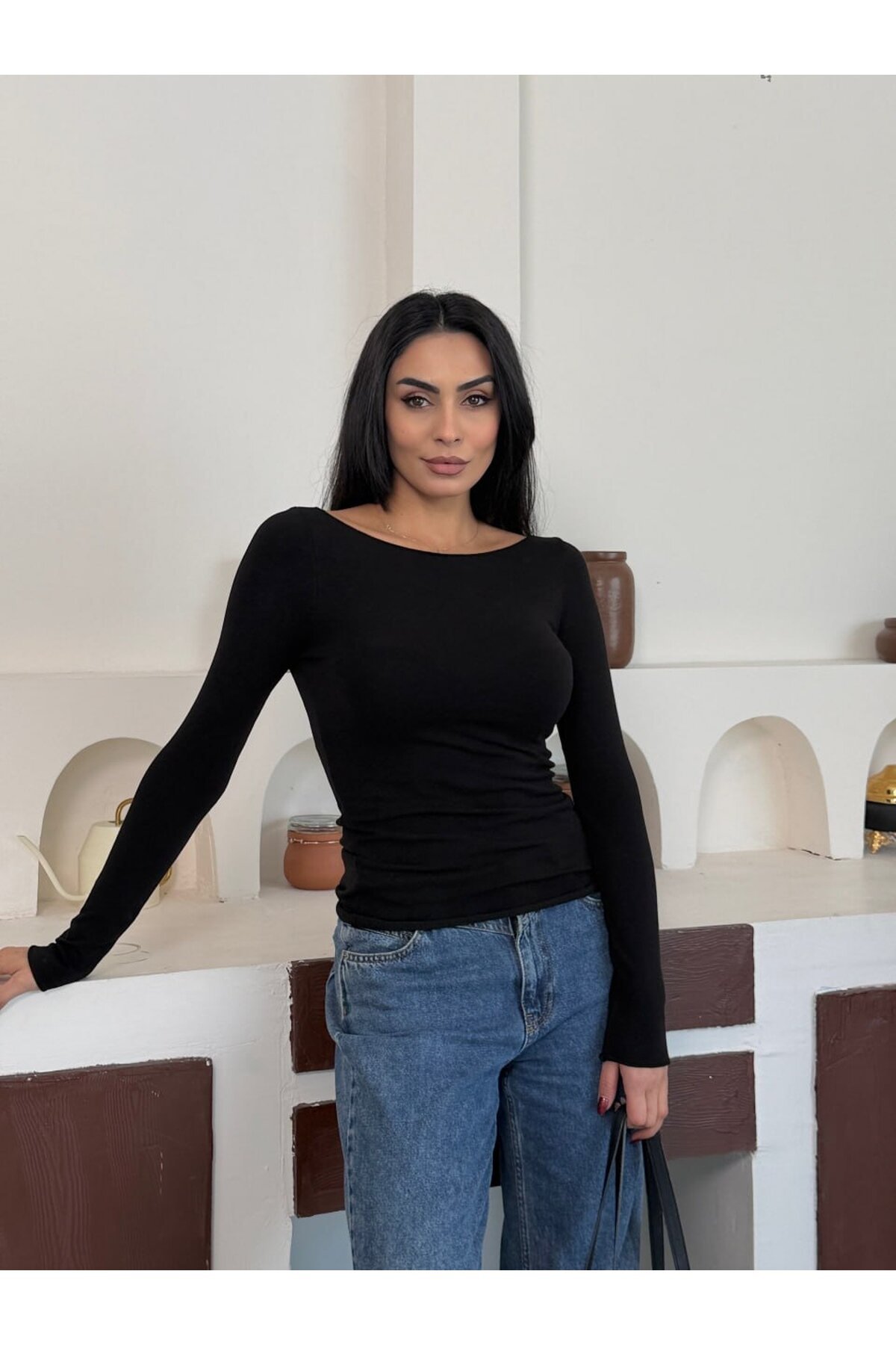 Kadın Bisiklet Yaka Uzun Kollu Basic Bluz Siyah
