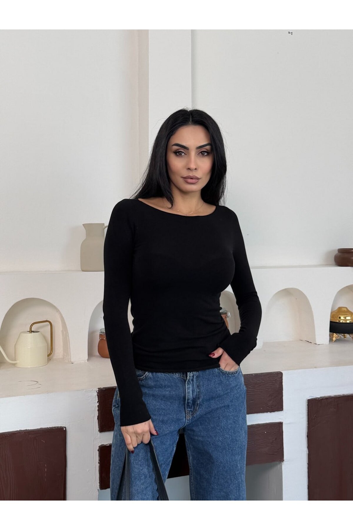 Kadın Bisiklet Yaka Uzun Kollu Basic Bluz Siyah