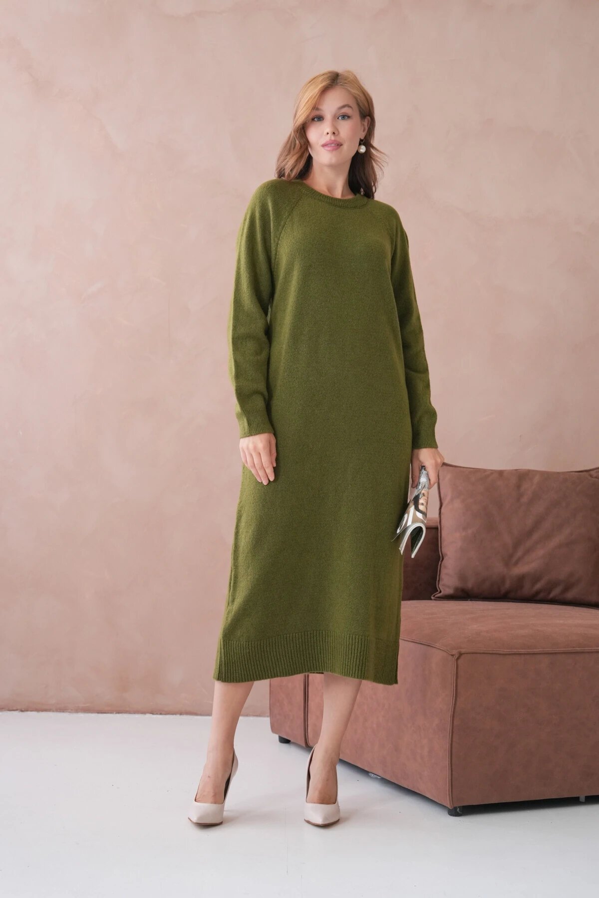 Kadın Bisiklet Yaka Yumuşak Dokulu Maksi Boy Şardonlu Oversize Triko Elbise