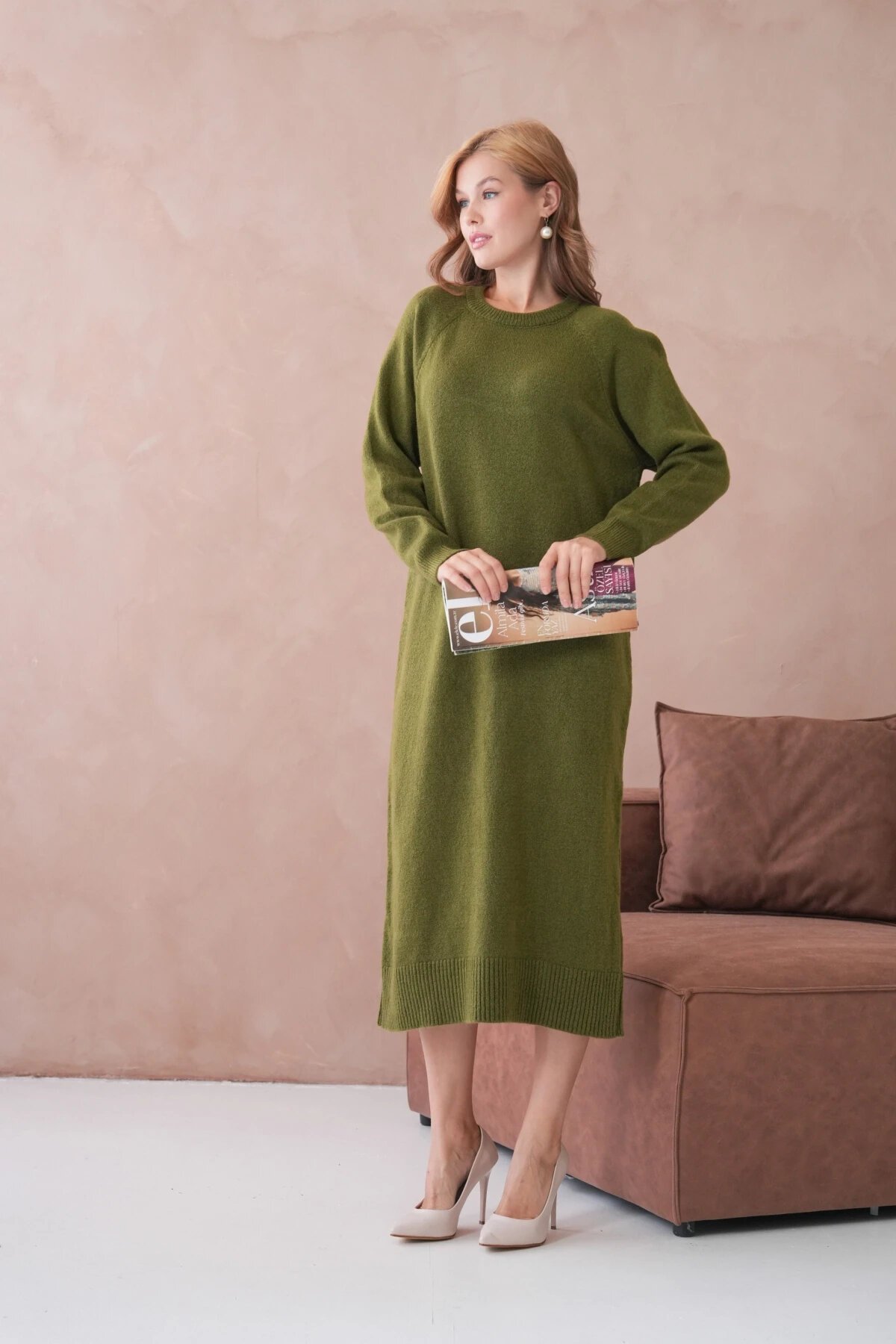 Kadın Bisiklet Yaka Yumuşak Dokulu Maksi Boy Şardonlu Oversize Triko Elbise