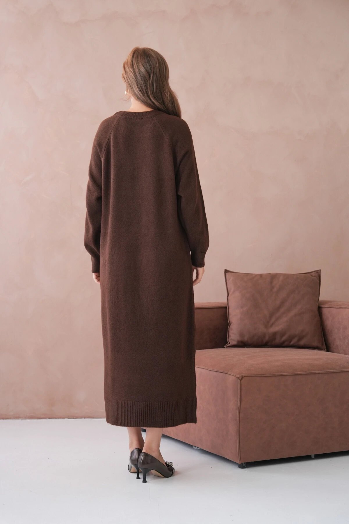 Kadın Bisiklet Yaka Yumuşak Dokulu Maksi Boy Şardonlu Oversize Triko Elbise