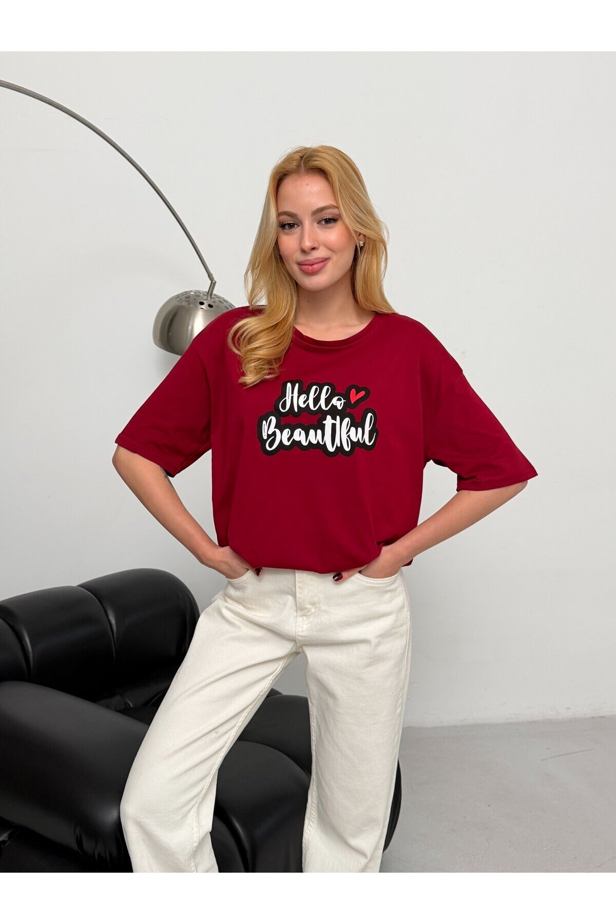 Kadın Bordo Baskılı Oversize T-Shirt
