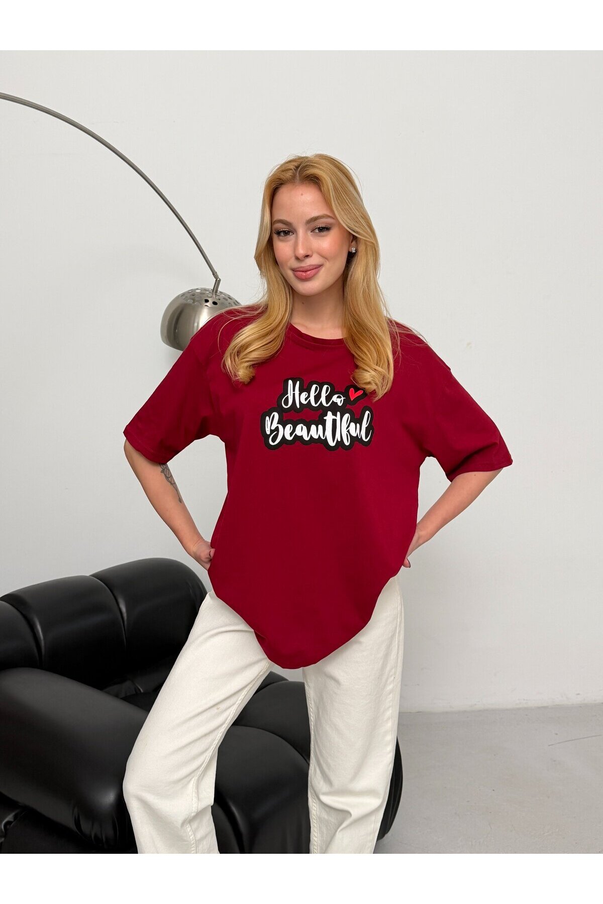 Kadın Bordo Baskılı Oversize T-Shirt